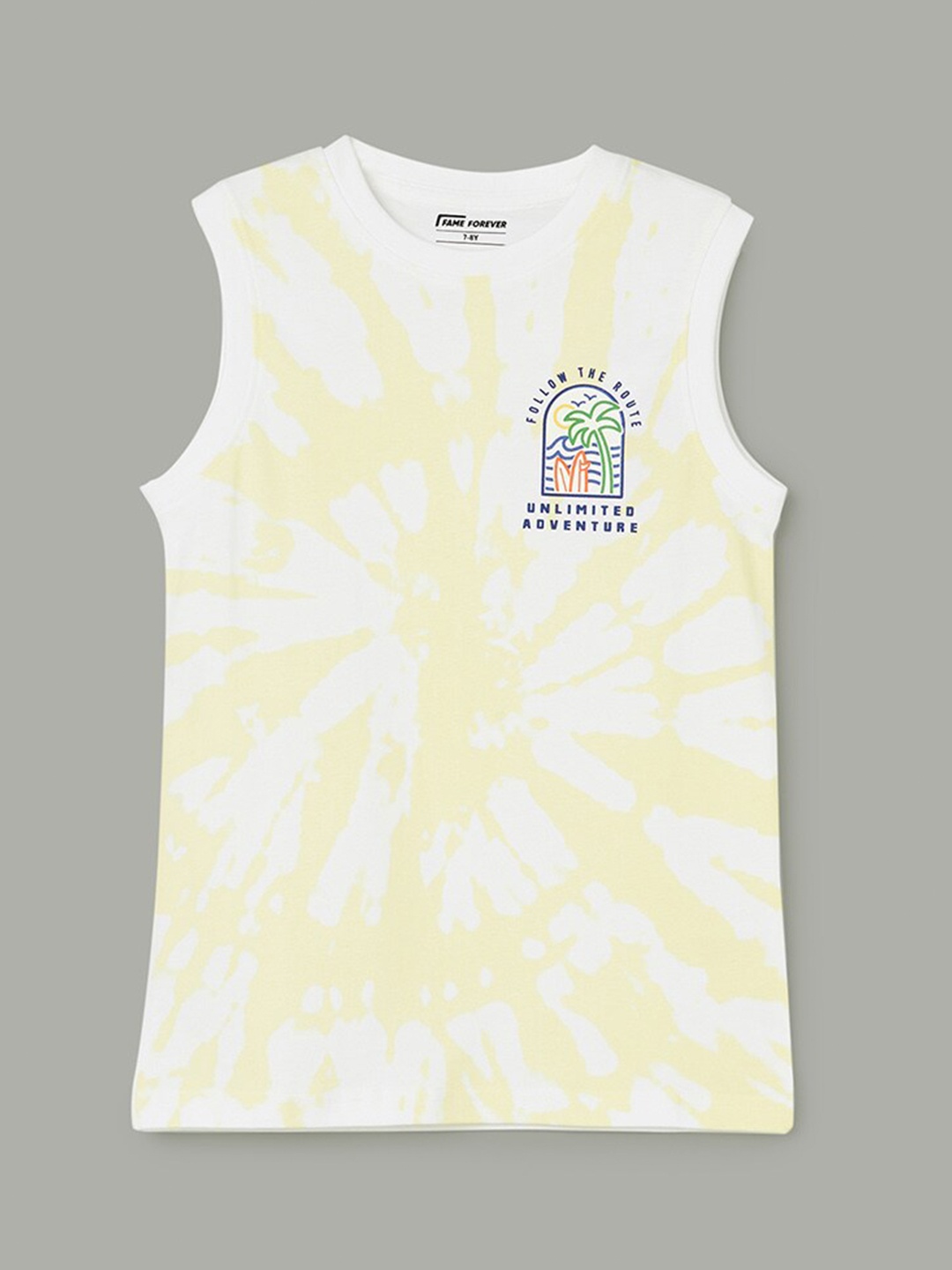 

Fame Forever by Lifestyle Boys Tie and Dyed Sleeveless Pure Cotton T-shirt, White