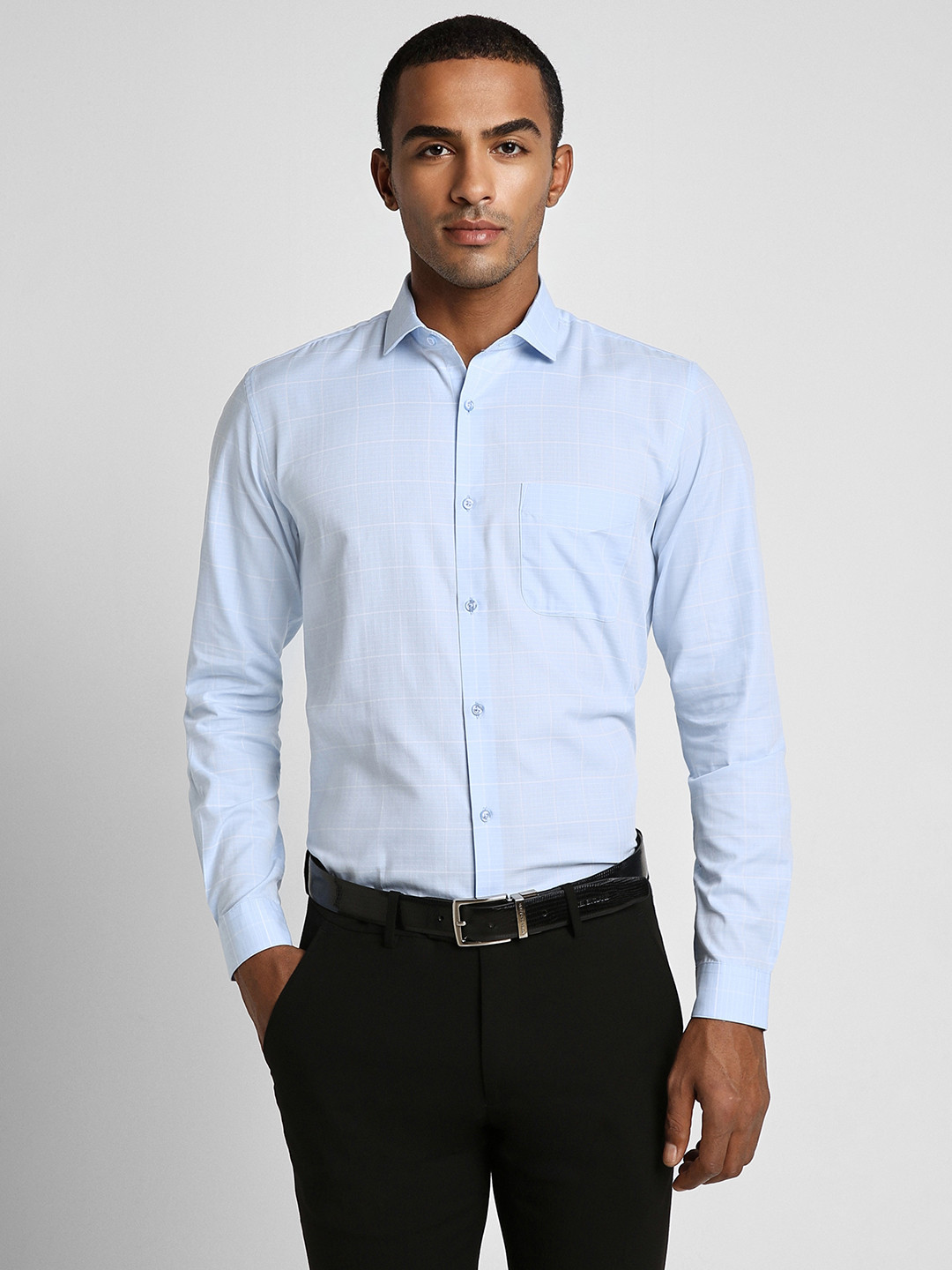 

Peter England Slim Fit Checked Spread Collar Long Sleeves Formal Shirt, Blue