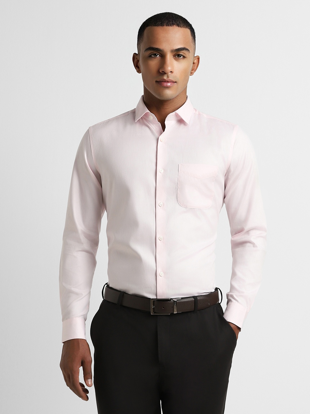 

Peter England Elite Slim Fit Textured Self Design Pure Cotton Formal Shirt, Pink