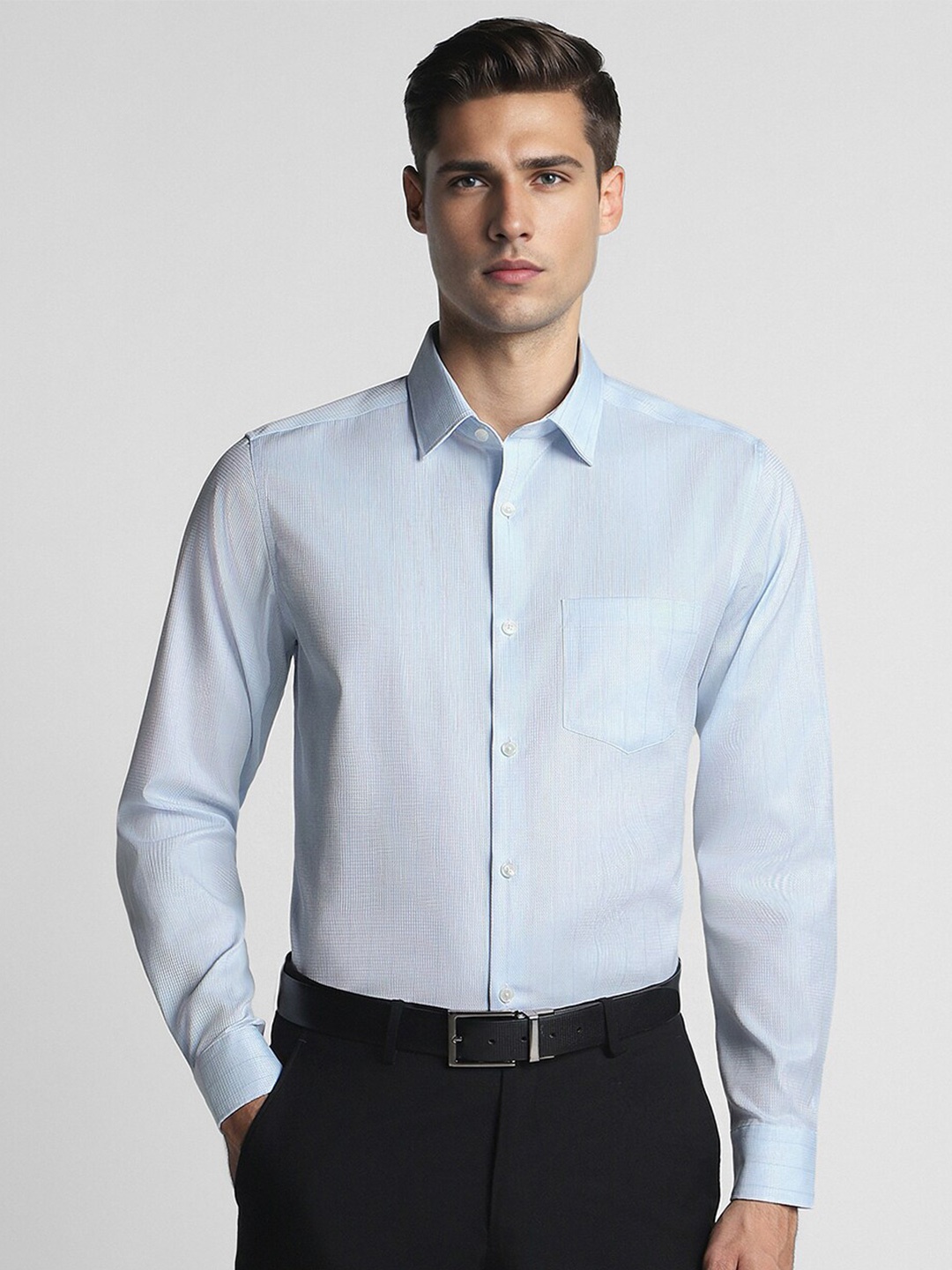 

Peter England Elite Self Design Textured Pure Cotton Formal Shirt, Blue