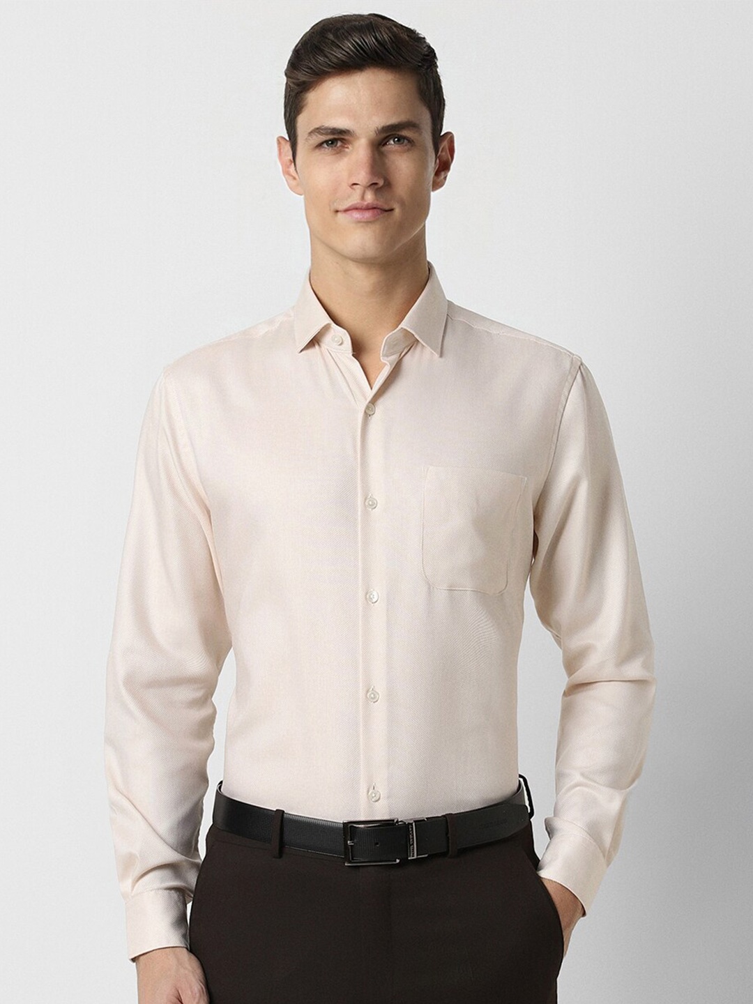 

Peter England Elite Self Design Textured Pure Cotton Formal Shirt, Beige