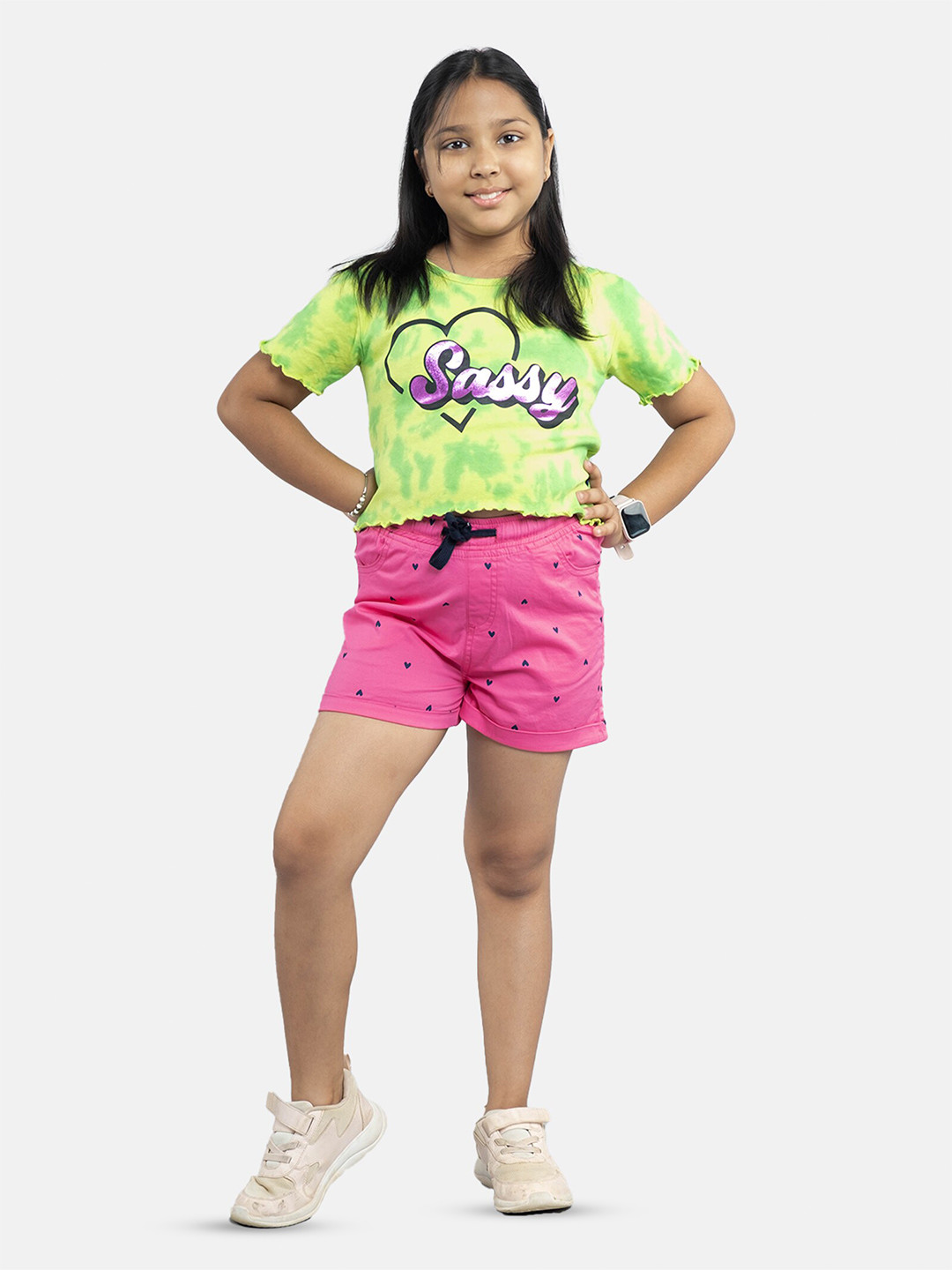 

KiddoPanti Girls Dyed Crop T-shirt With Shorts, Green