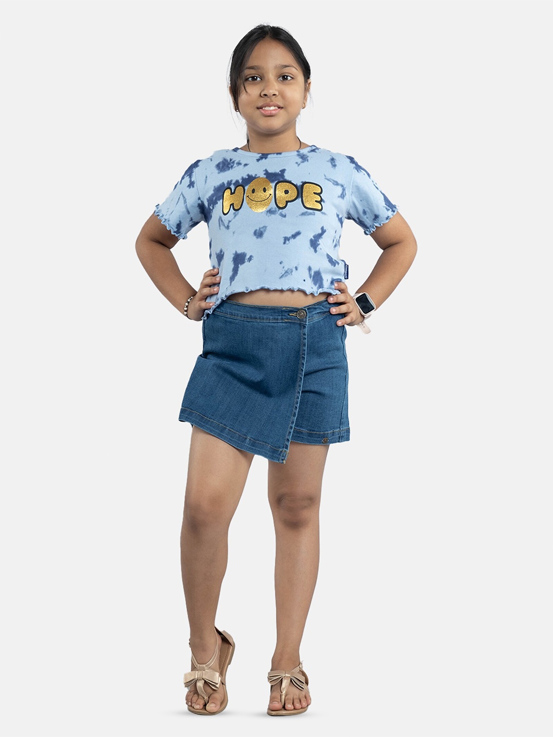 

KiddoPanti Girls Dyed Crop T-shirt With Skorts, Blue