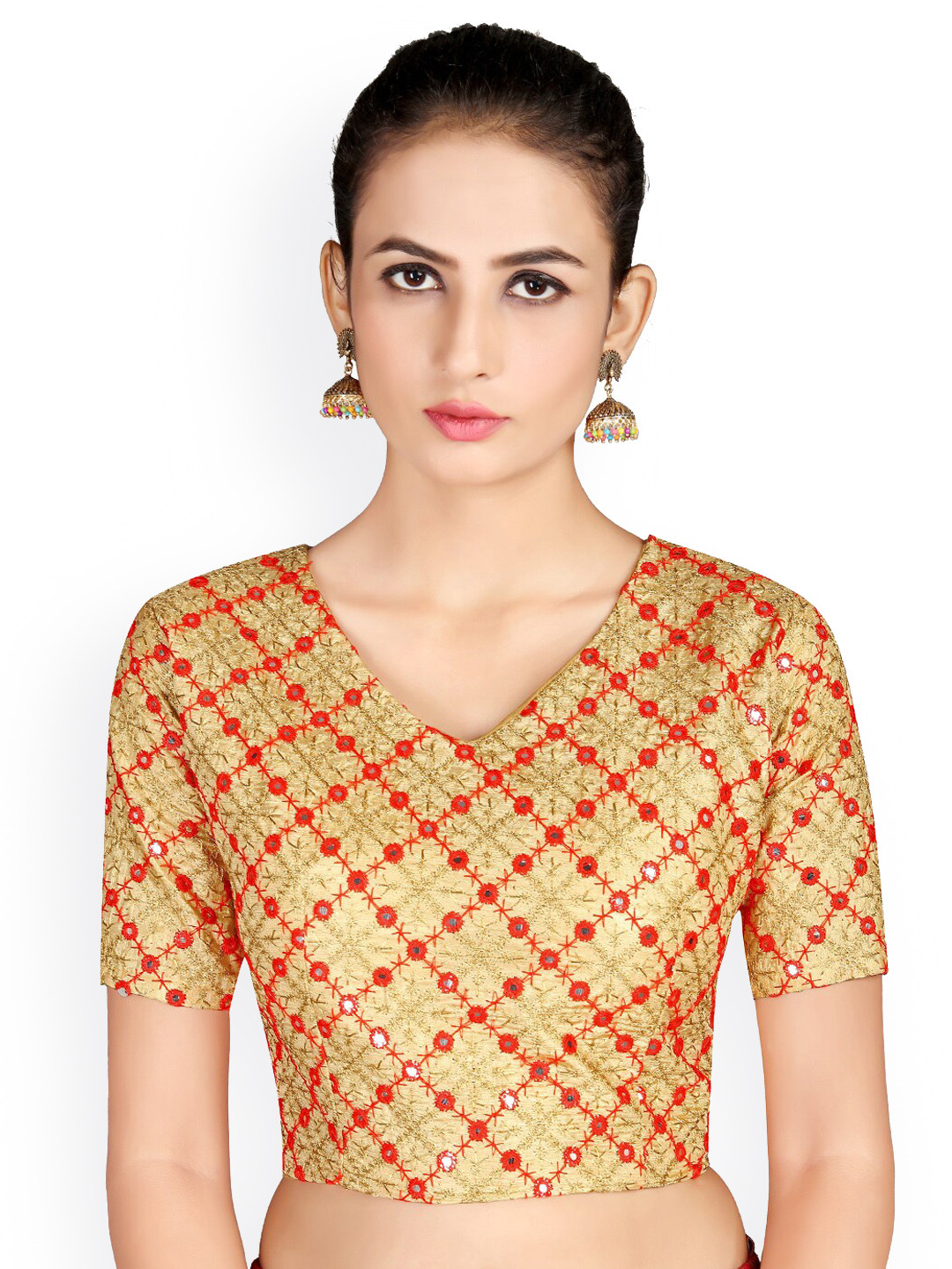 

KALINI Embroidered Mirror Work Saree Blouse, Beige