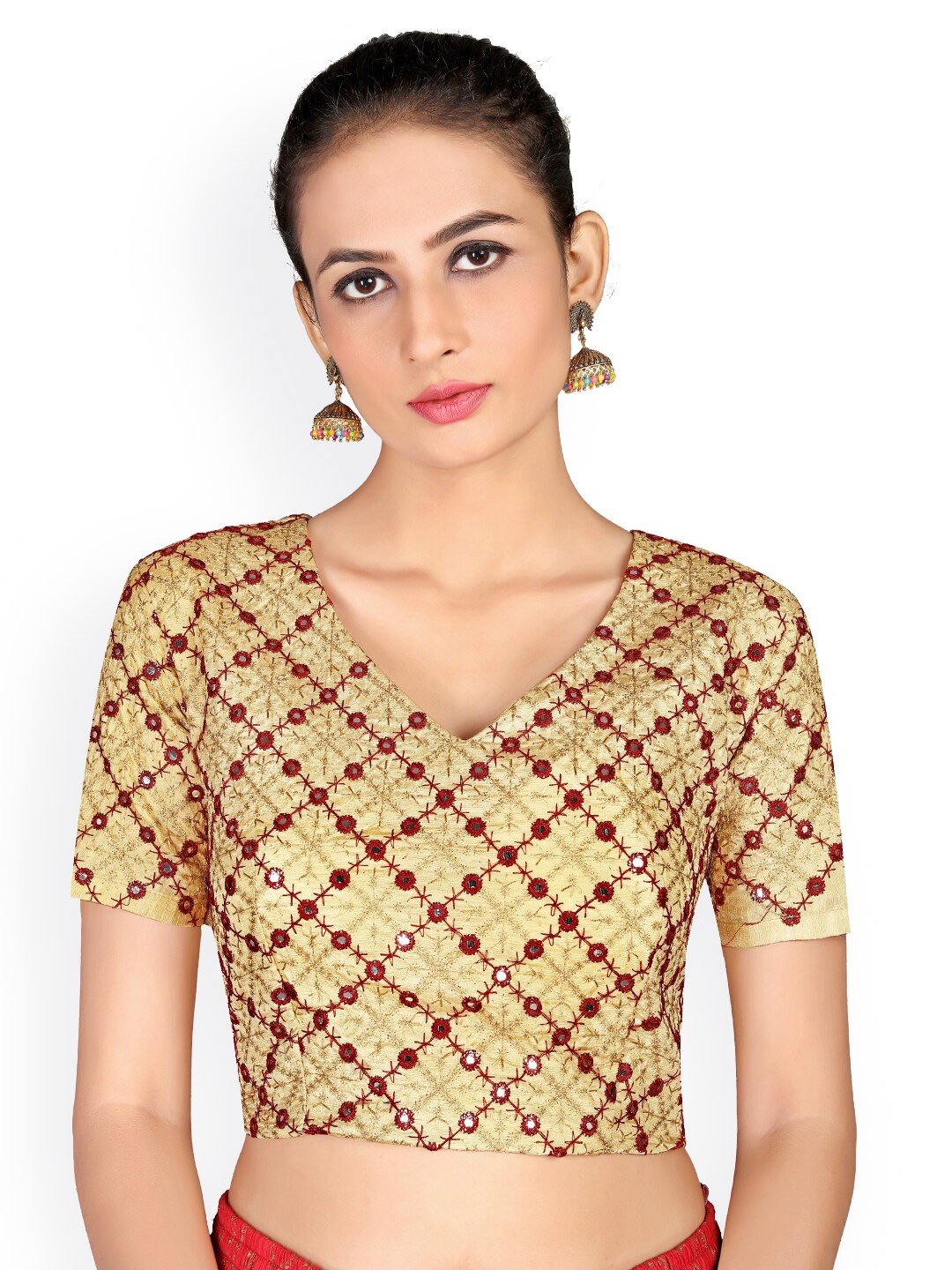 

KALINI Embroidered Mirror Work Saree Blouse, Beige