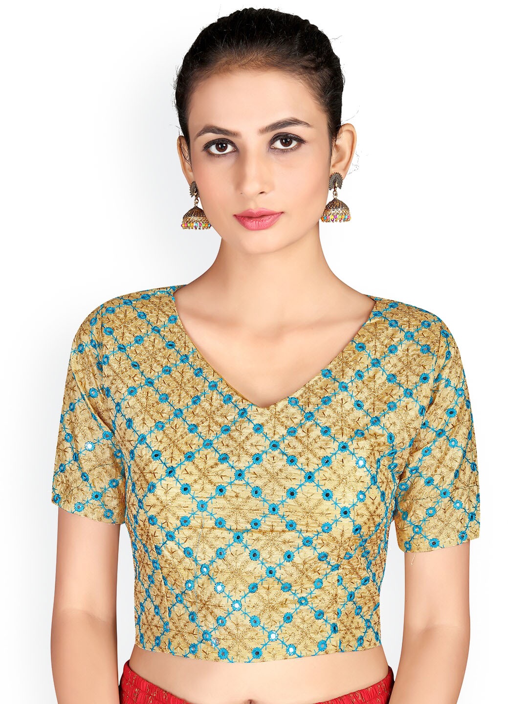

KALINI Embroidered Mirror Work Saree Blouse, Beige