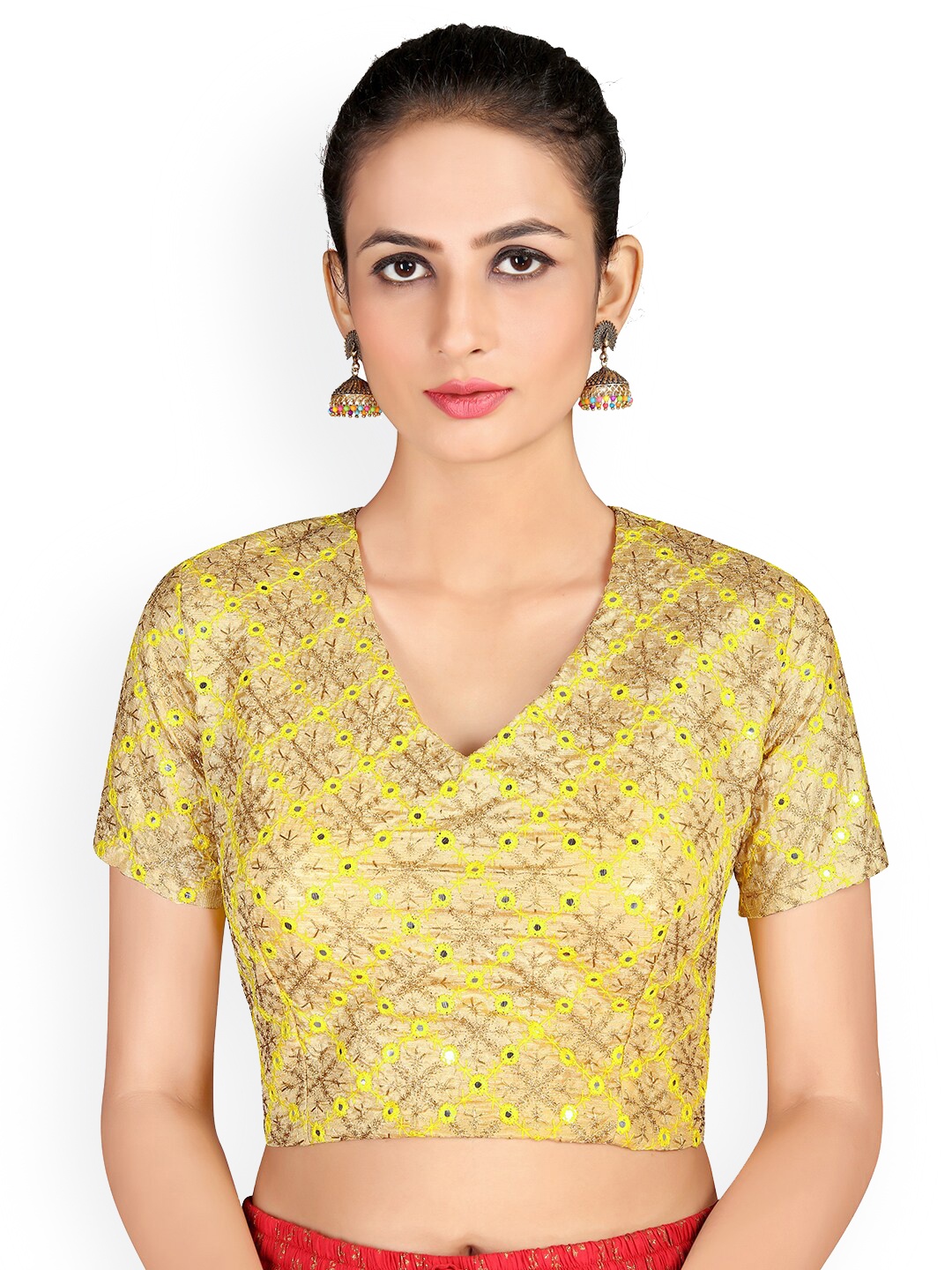 

KALINI Embroidered Mirror Work Saree Blouse, Beige