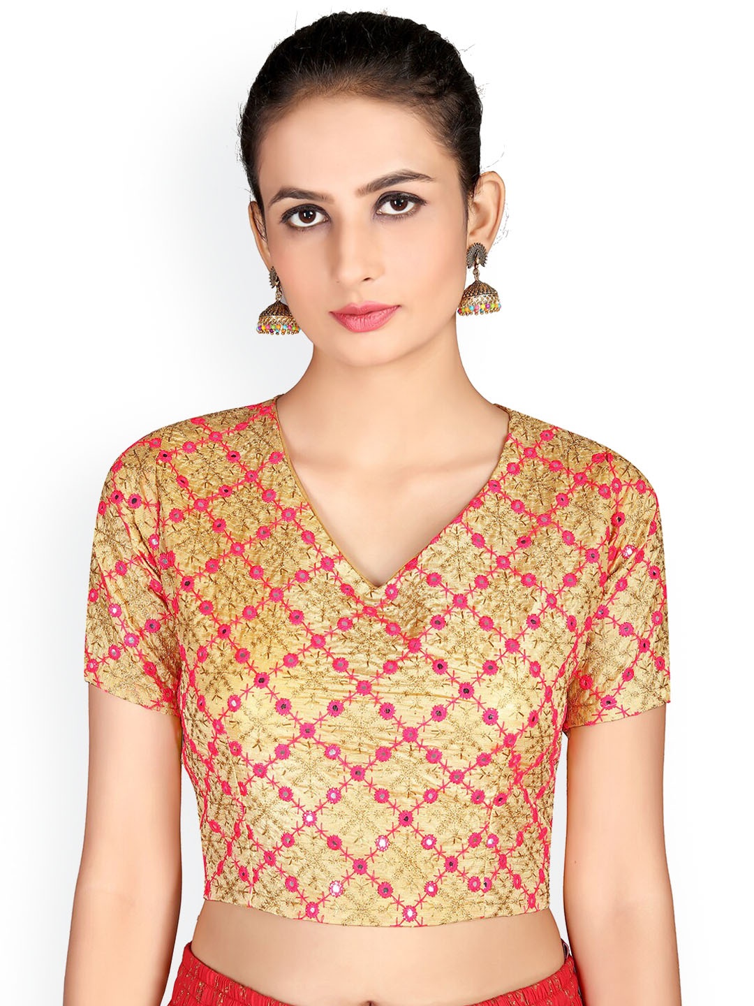 

KALINI Woven Design Mirror Work Saree Blouse, Beige