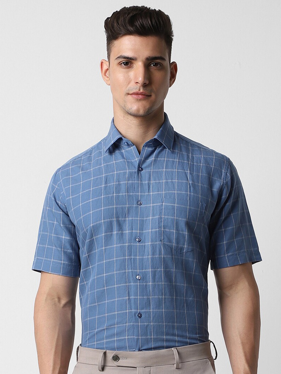 

Van Heusen Windowpane Checked Linen Cotton Formal Shirt, Blue