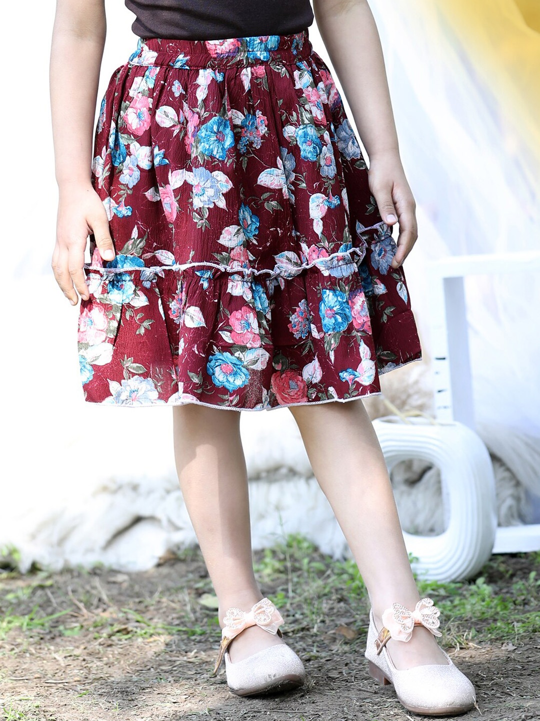 

Cutiekins Girls Floral Printed Flared Knee Length Skirt, Maroon