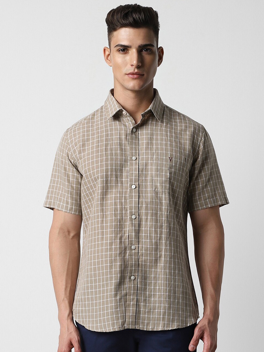 

Van Heusen Sport Slim Fit Checked Linen Cotton Casual Shirt, Khaki