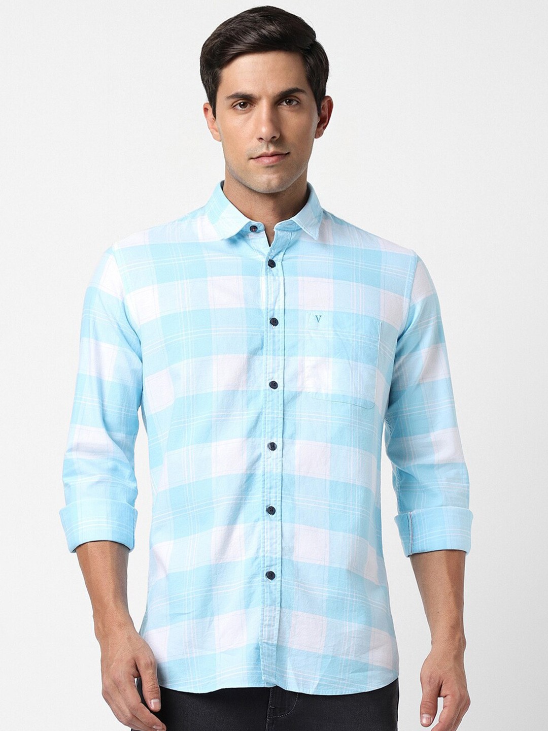 

Van Heusen Sport Slim Fit Checked Pure Cotton Casual Shirt, Blue
