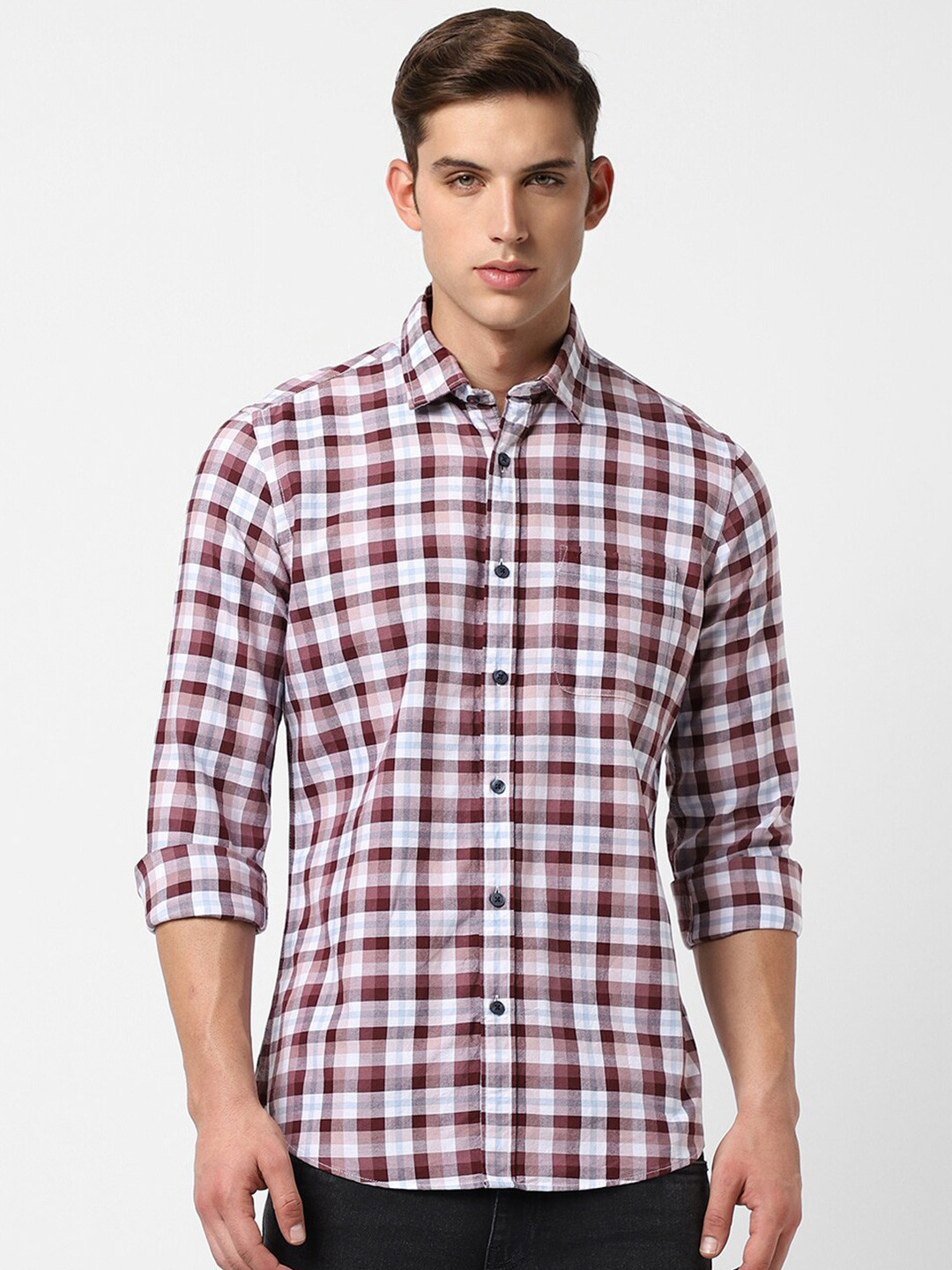 

Van Heusen Sport Slim Fit Checked Pure Cotton Casual Shirt, Maroon