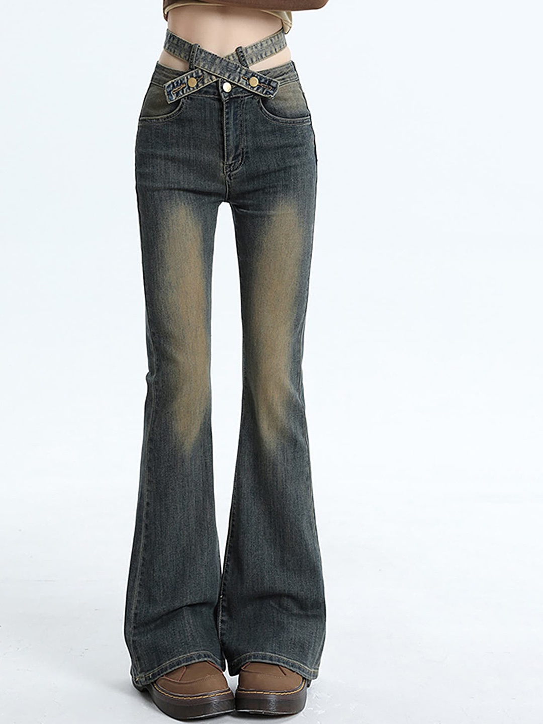 

LULU & SKY Women Flared High-Rise Heavy Fade Clean Look Jeans, Grey