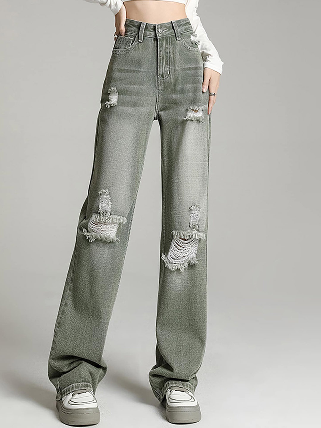 

LULU & SKY Women Straight Fit High-Rise Highly Distressed Light Fade Jeans, Green