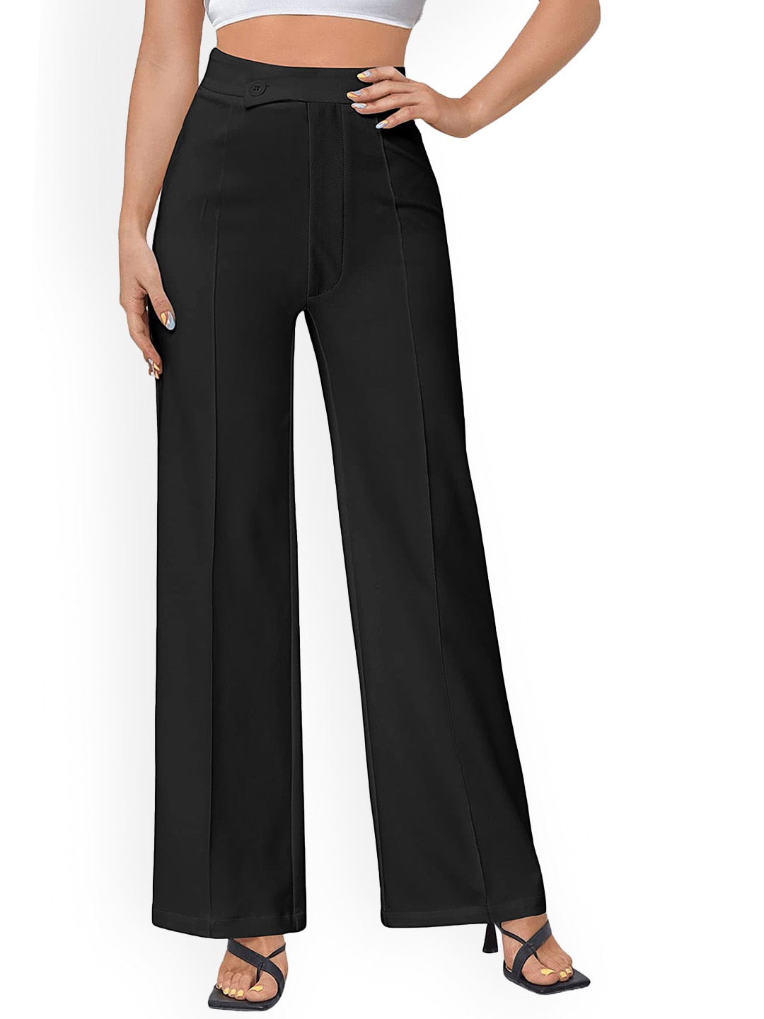 

LULU & SKY Women Straight Fit Twill High-Rise Trousers, Black