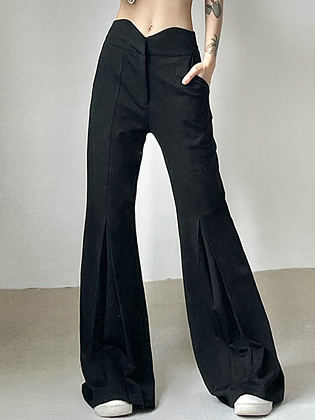 

LULU & SKY Women Loose Fit High-Rise Bootcut Trousers, Black