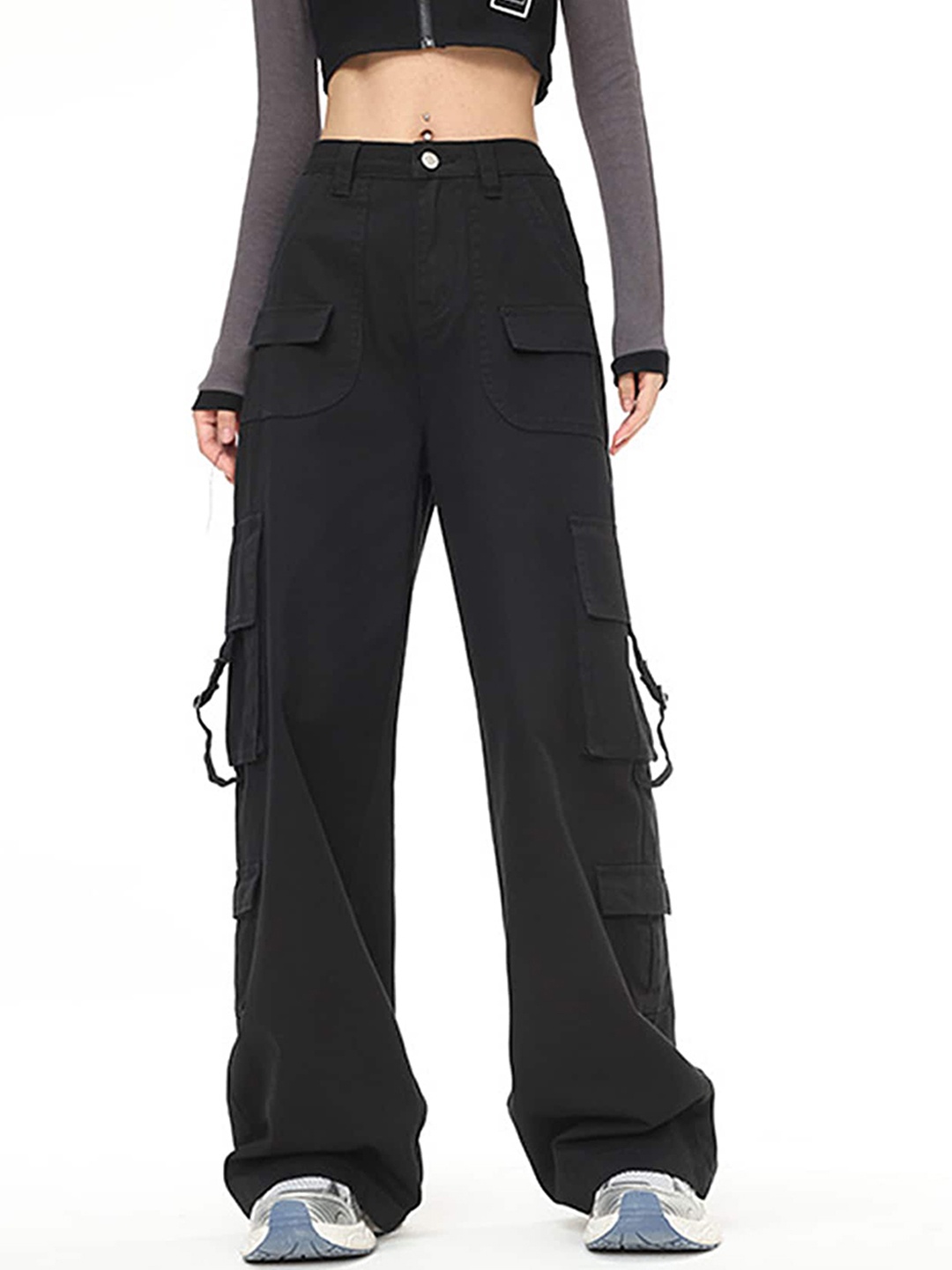 

LULU & SKY Women Straight Fit Cargos Trousers, Black