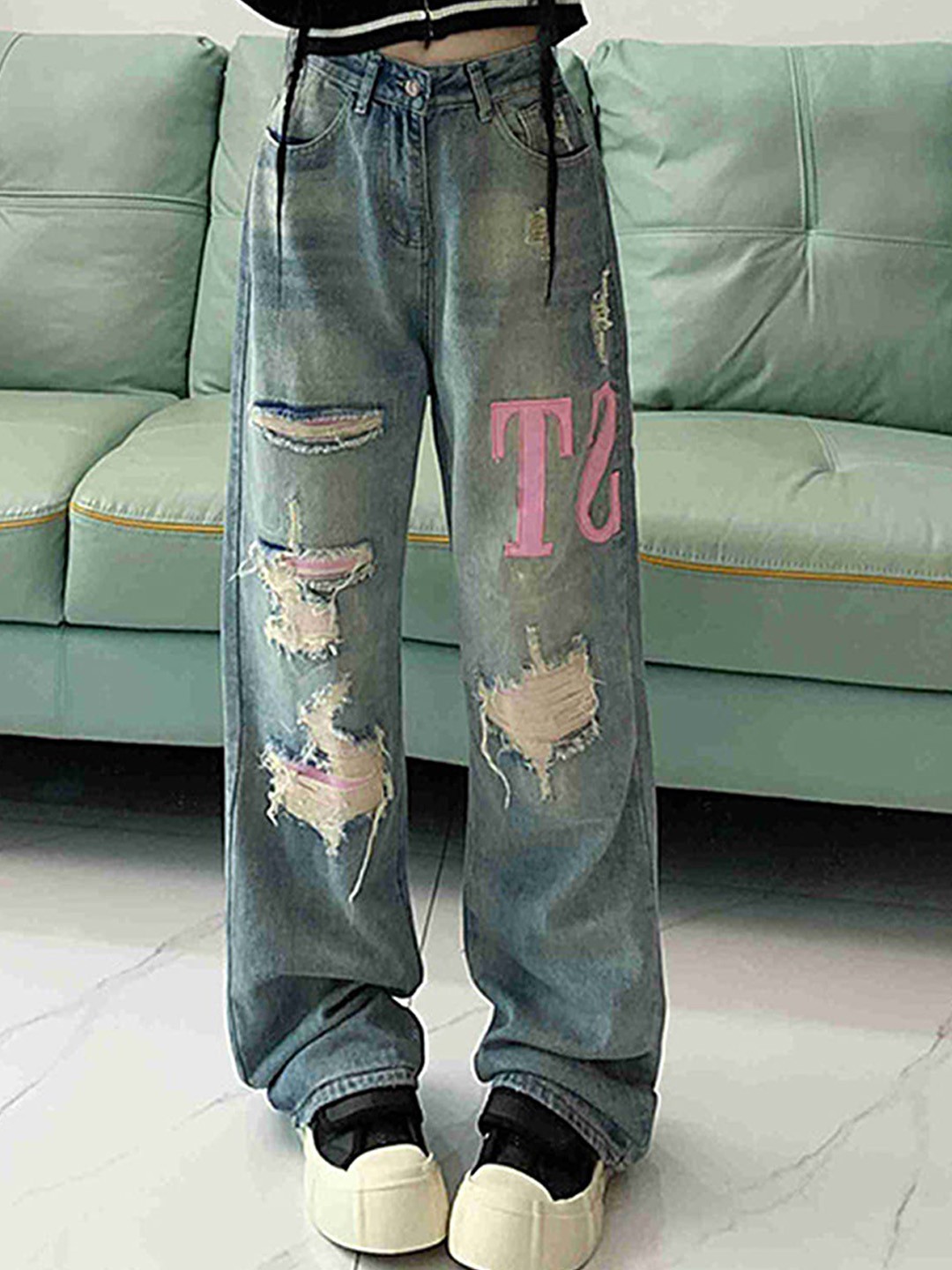 

LULU & SKY Women Straight Fit High-Rise Highly Distressed Light Fade Jeans, Blue