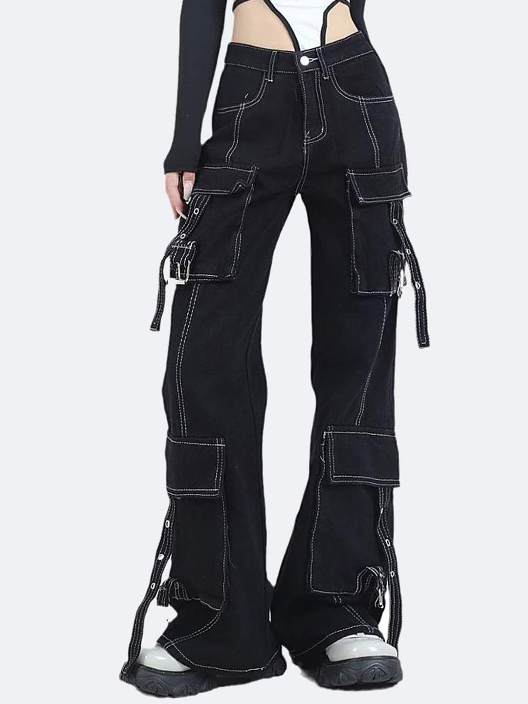 

LULU & SKY Women Straight Fit High-Rise Cargos Trousers, Black