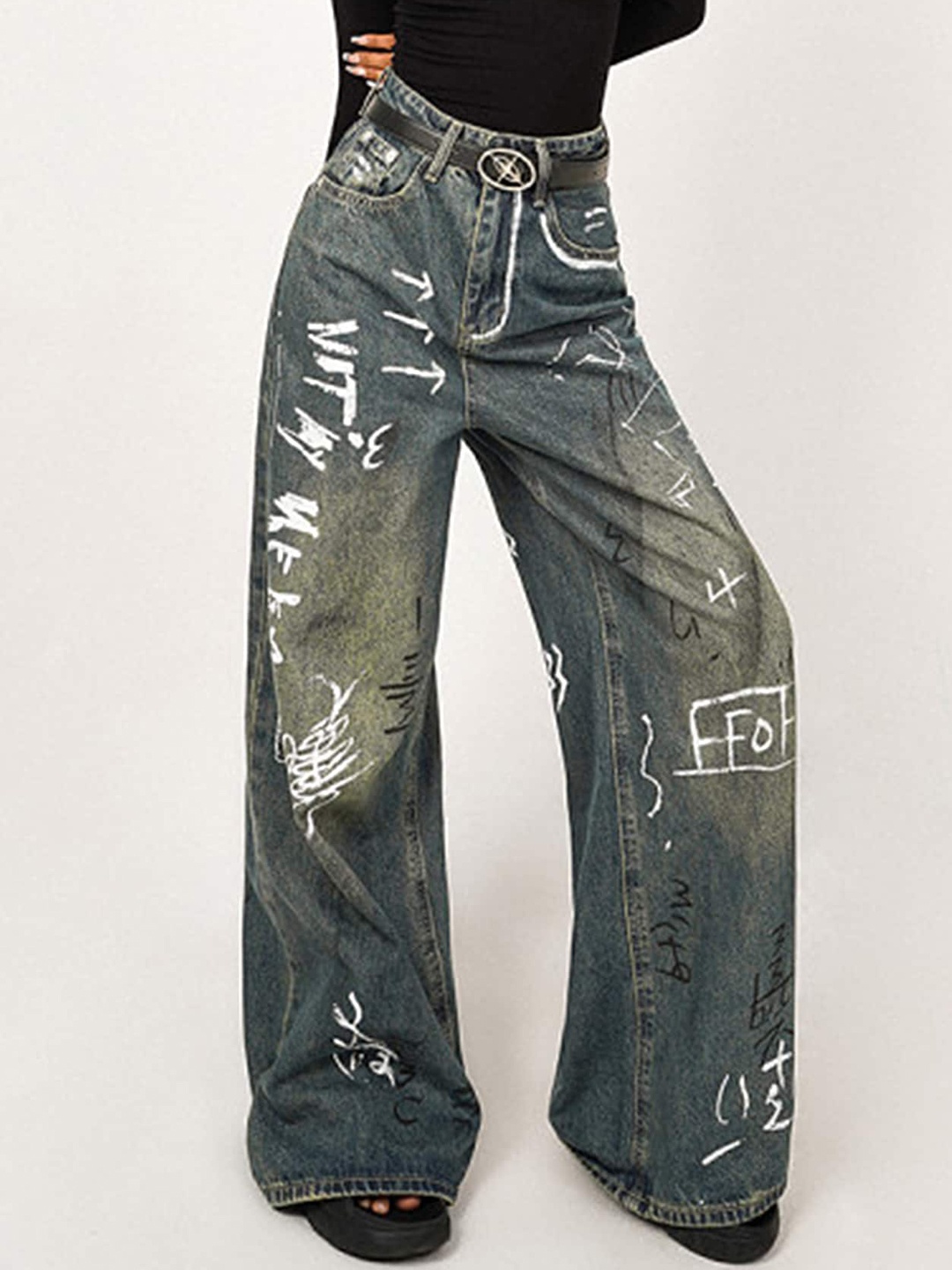

LULU & SKY Women Wide Leg High-Rise Heavy Fade Jeans, Blue