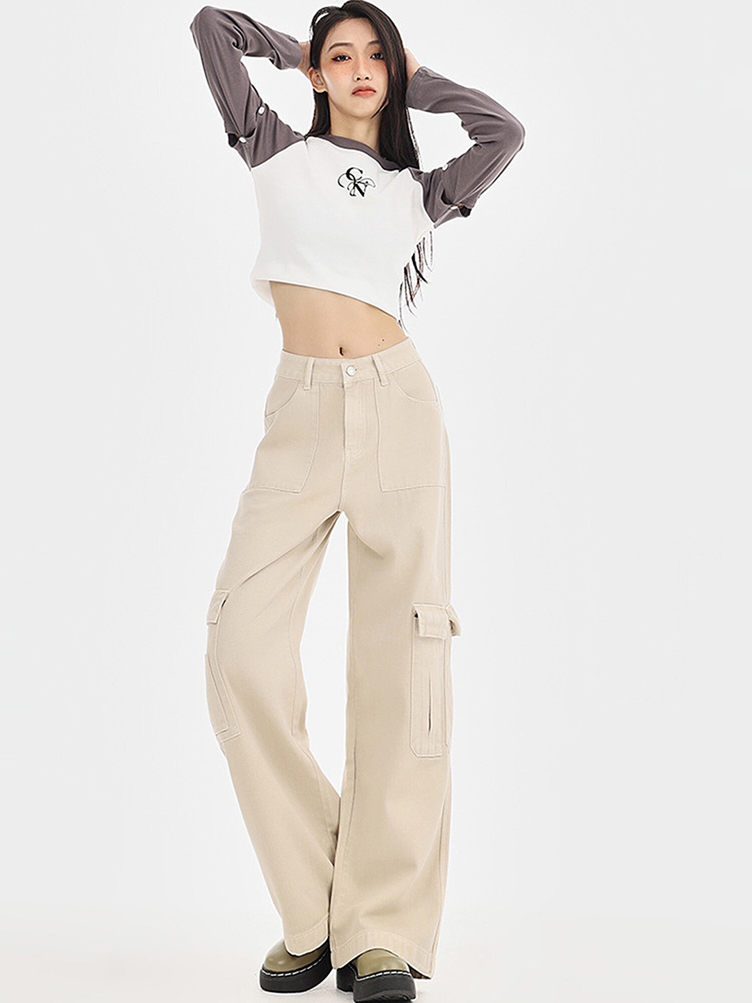 

LULU & SKY Women Straight Fit High-Rise Cargos Trousers, Beige