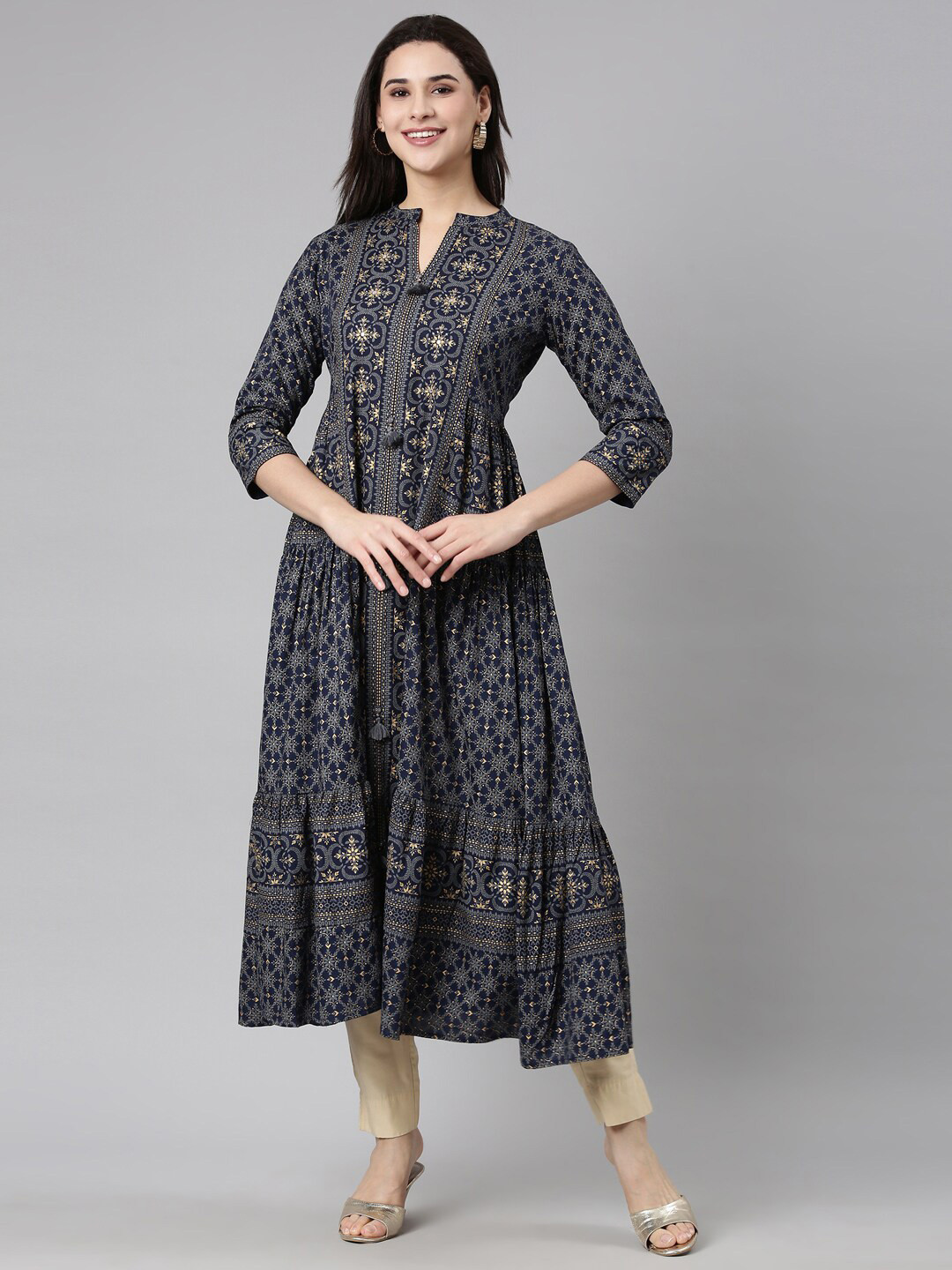 

Neerus Ethnic Motifs Printed Mandarin Collar A-Line Kurta, Navy blue