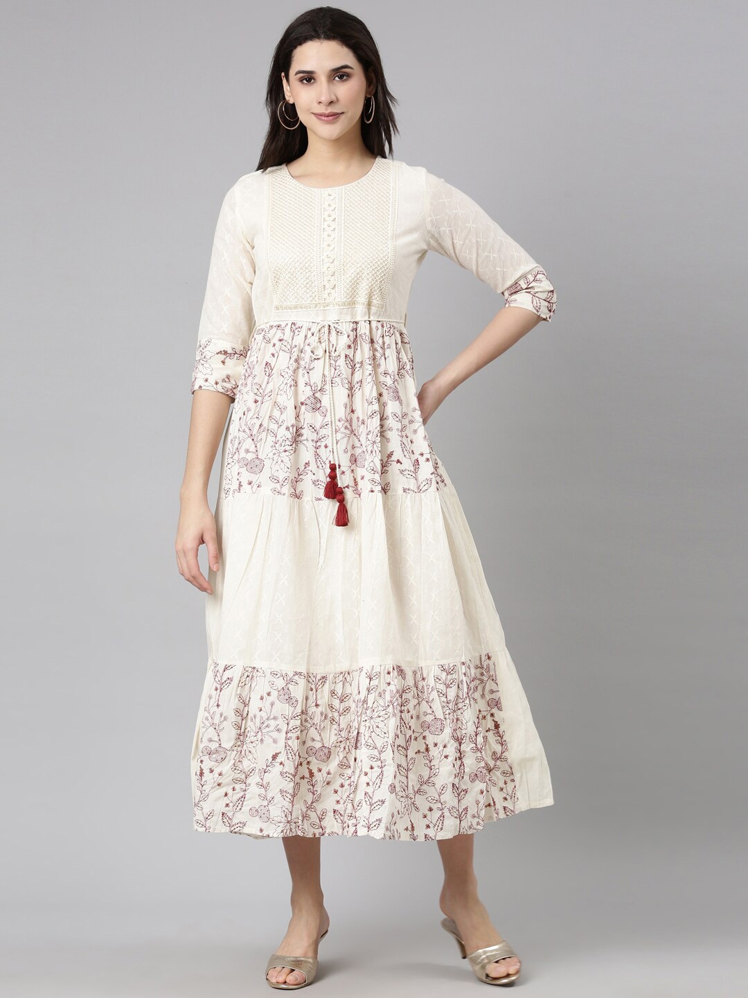 

Neerus Ethnic Motifs Printed Layered A-Line Cotton Midi Dress, Cream