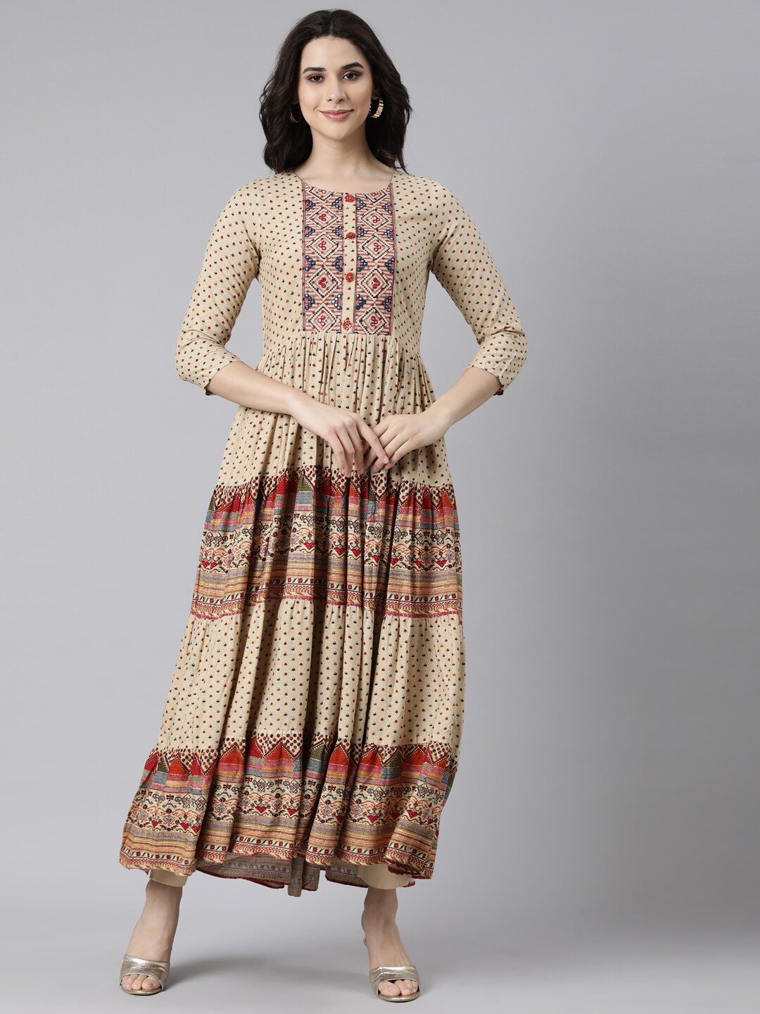 

Neerus Ethnic Motifs Printed Anarkali Kurta, Beige