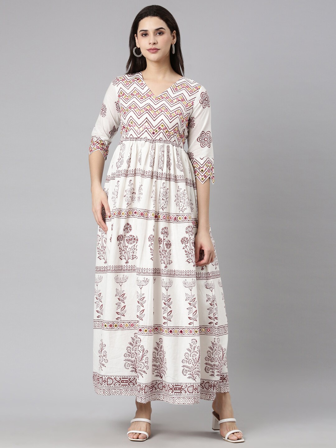

Neerus Ethnic Motifs Embroidered V-Neck Cotton Maxi Ethnic Dress, White