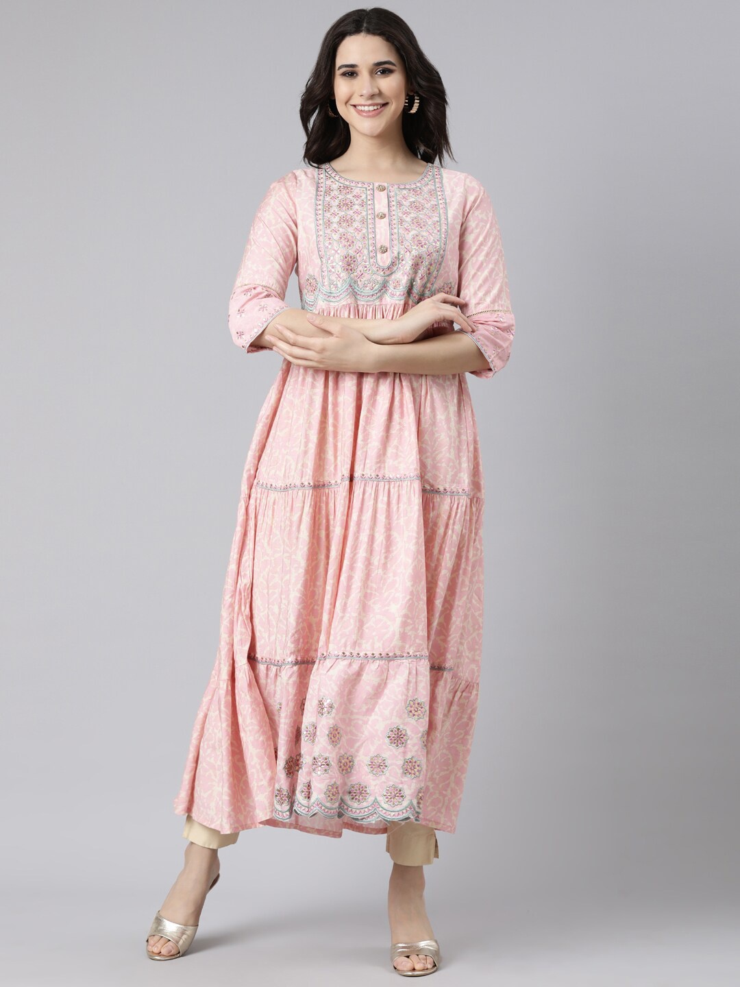 

Neerus Ethnic Motifs Print Thread Work Fit & Flare Tiered Dress, Pink