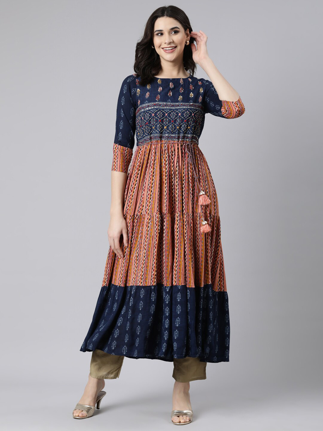 

Neerus Ethnic Motifs Printed Sequinned Tiered A-Line Kurta, Navy blue