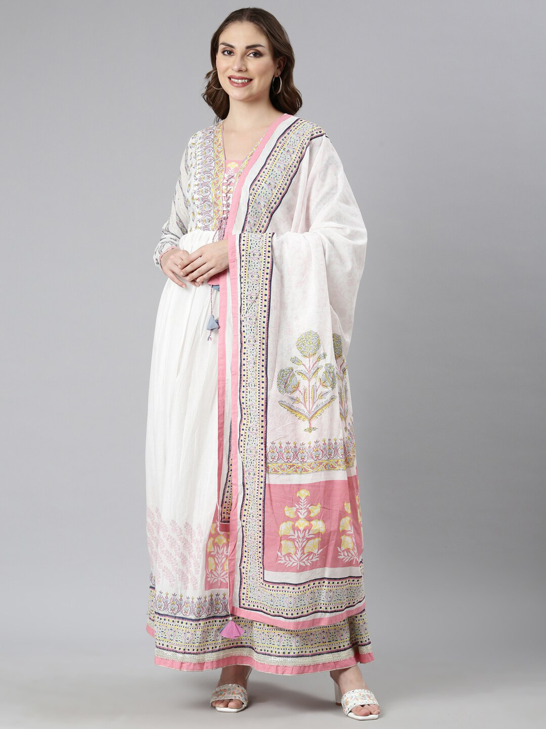 

Neerus Floral Printed Gathered Cotton Maxi Ethnic Dress With Dupatta, White