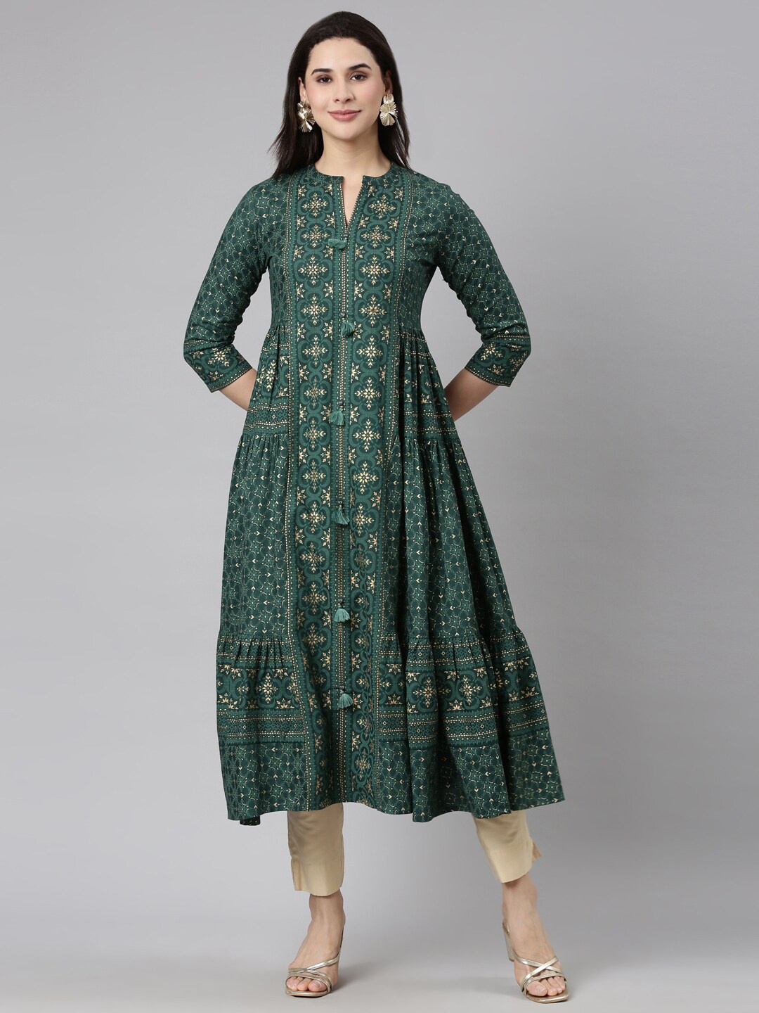 

Neerus Ethnic Motifs Printed Mandarin Collar Anarkali Kurta, Green