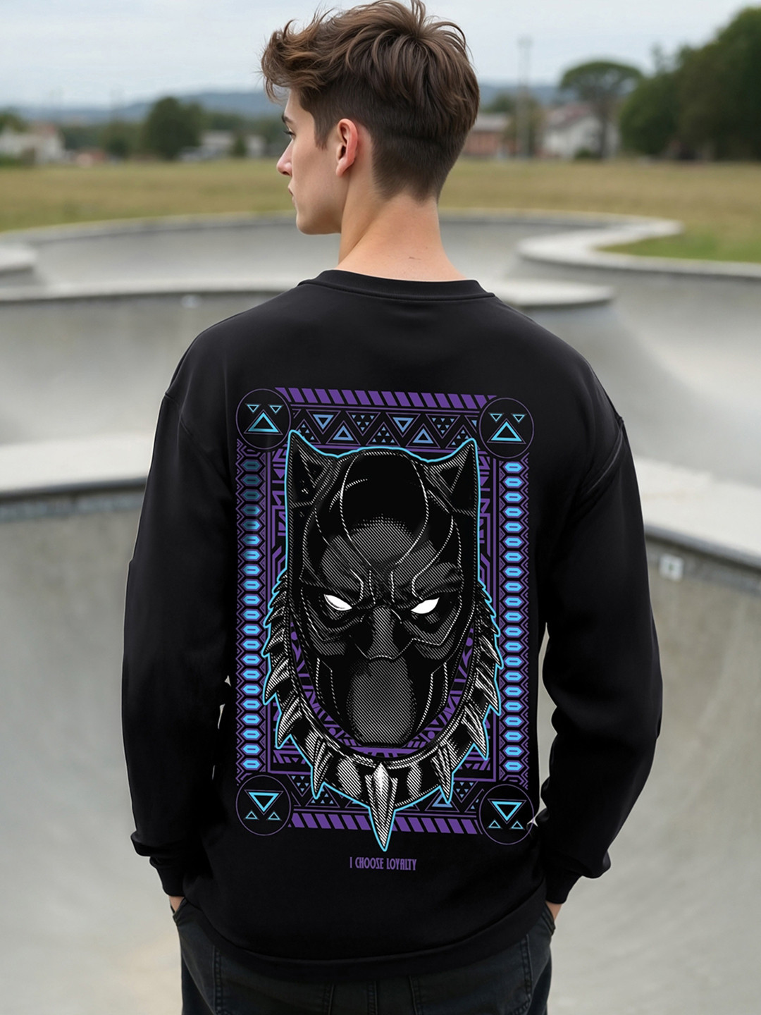 

Bewakoof Black Panther Printed Drop-Shoulder Sleeves Oversized Cotton T-shirt