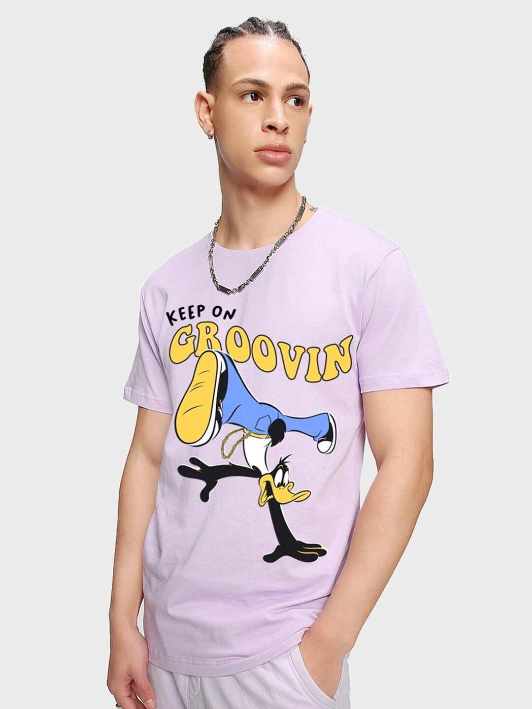 

Bewakoof Looney Tunes Printed Drop-Shoulder Sleeves Oversized Cotton T-shirt, Purple