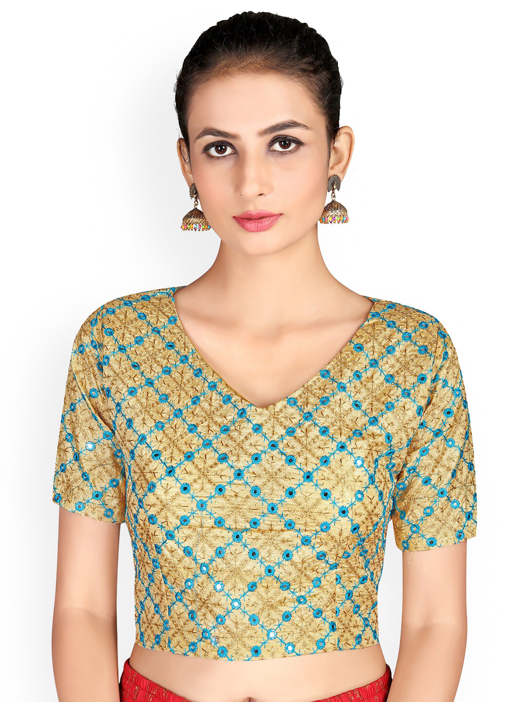 

Shaily Embroidered V-Neck Mirror Work Saree Blouse, Beige