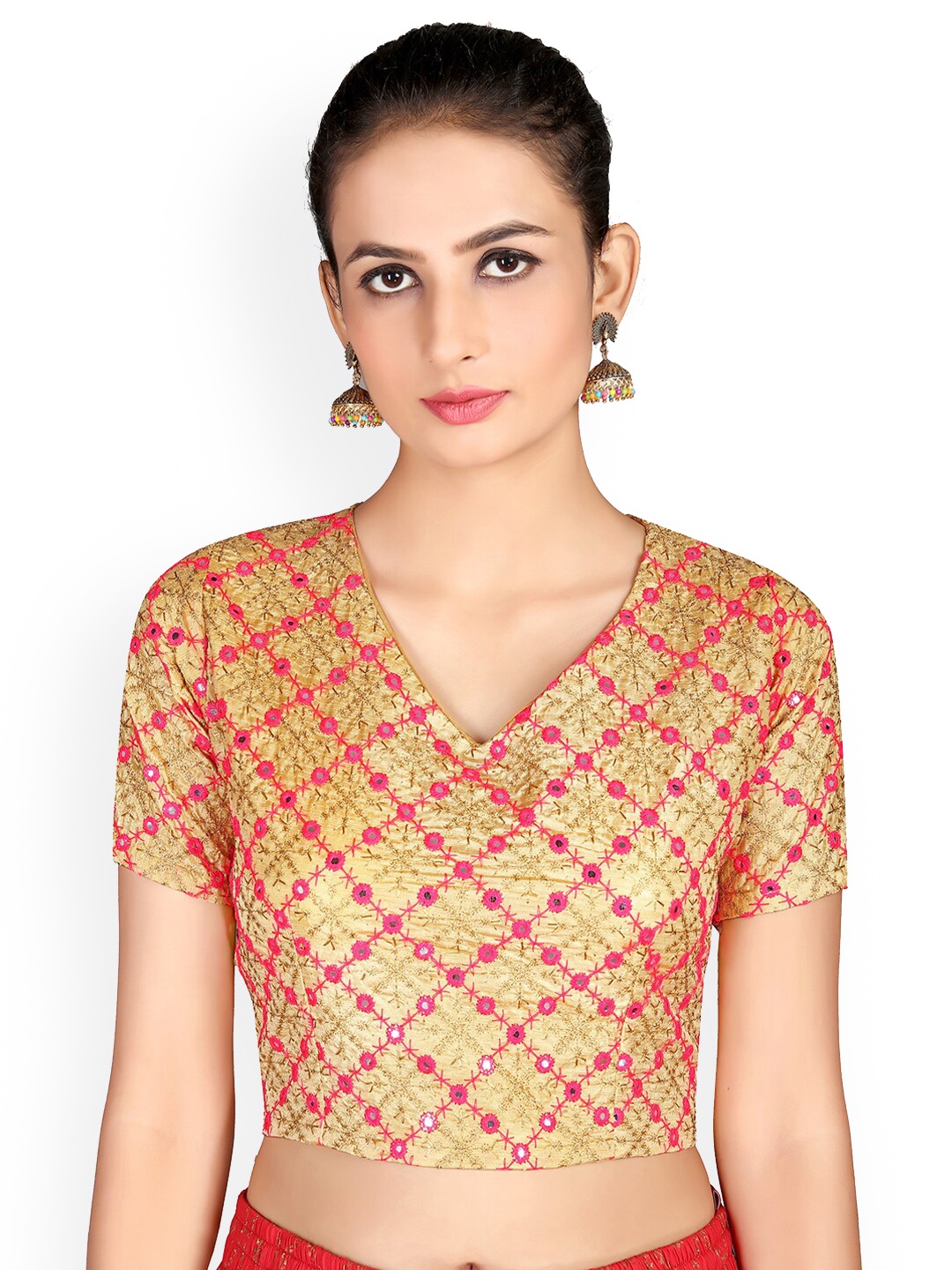 

Shaily Embroidered V-Neck Mirror Work Saree Blouse, Beige