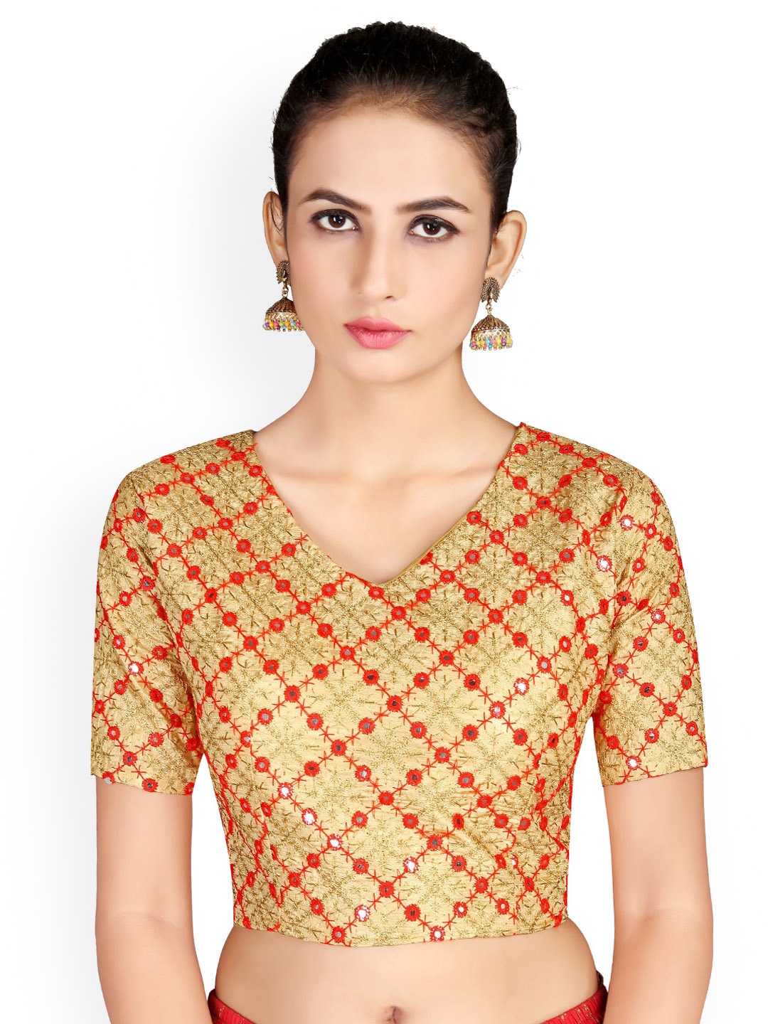 

Shaily Embroidered V-Neck Mirror Work Saree Blouse, Beige