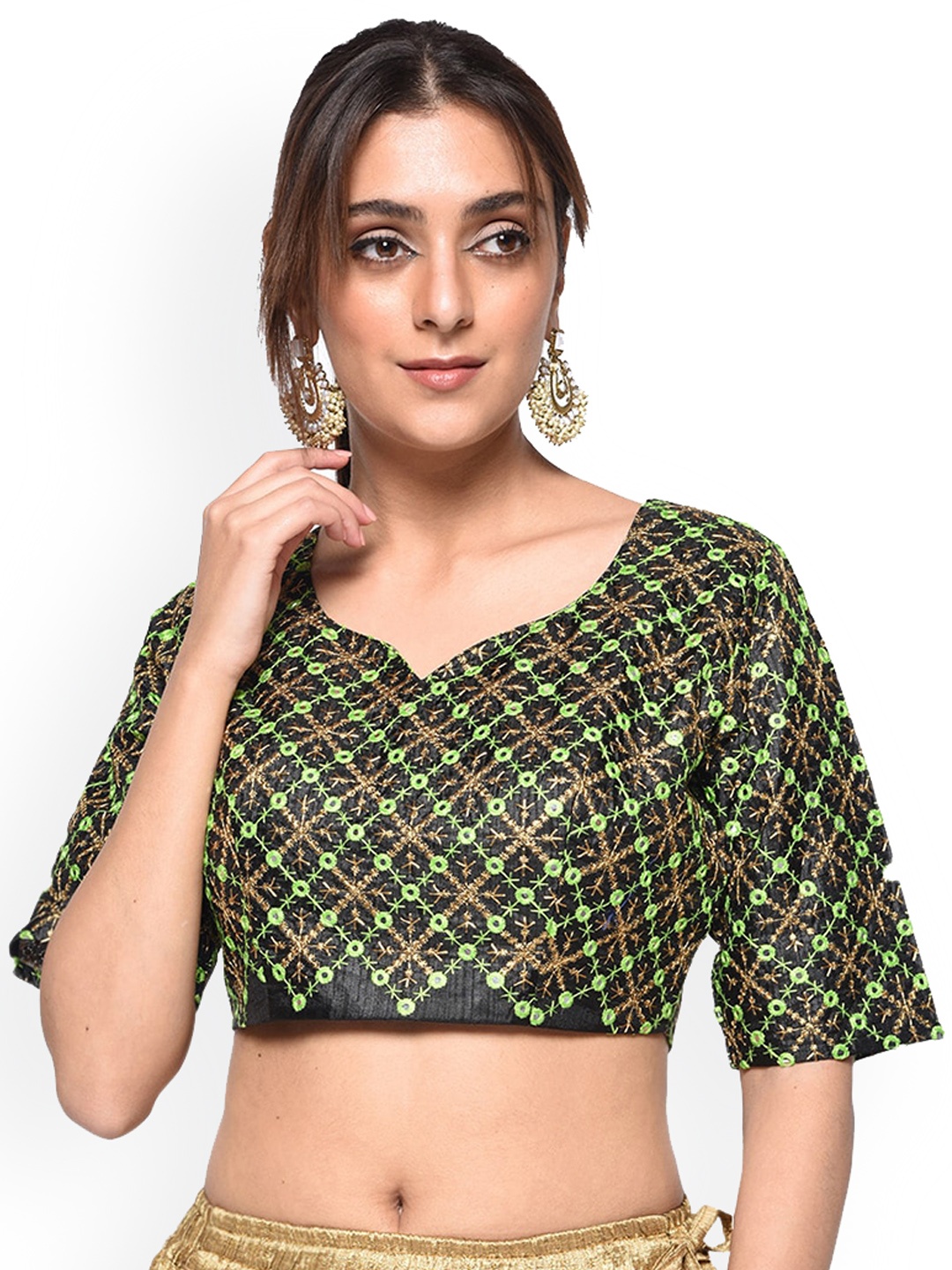 

Shaily Embroidered V-Neck Mirror Work Saree Blouse, Black