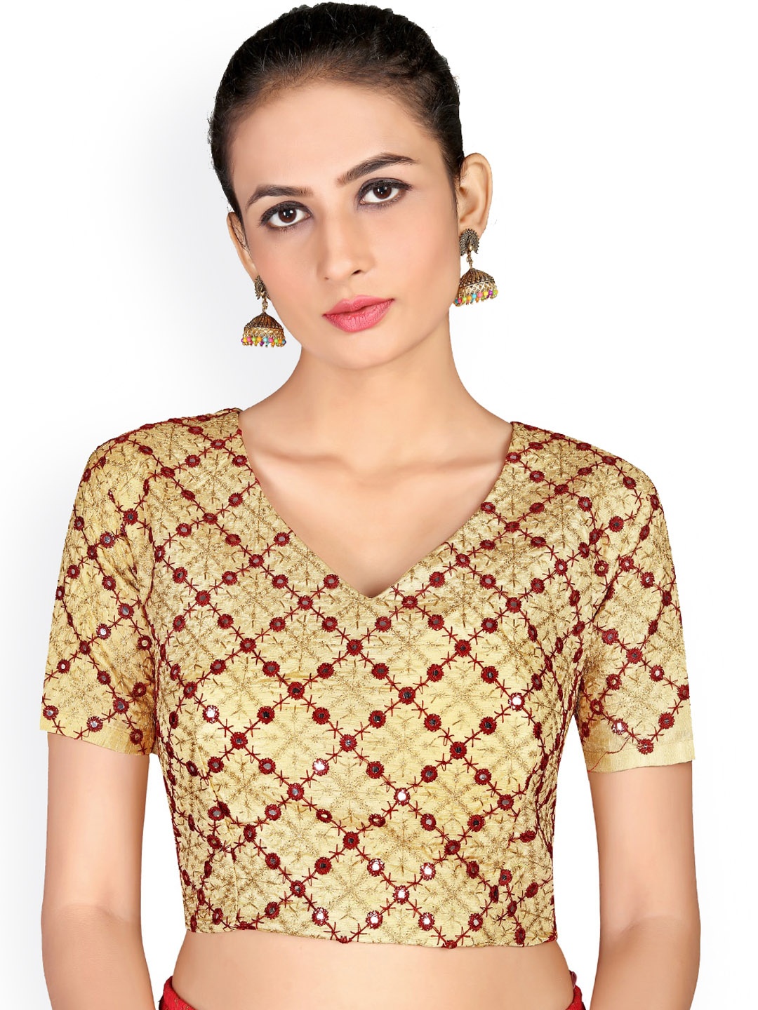 Shaily Embroidered V-Neck Mirror Work Saree Blouse, Beige