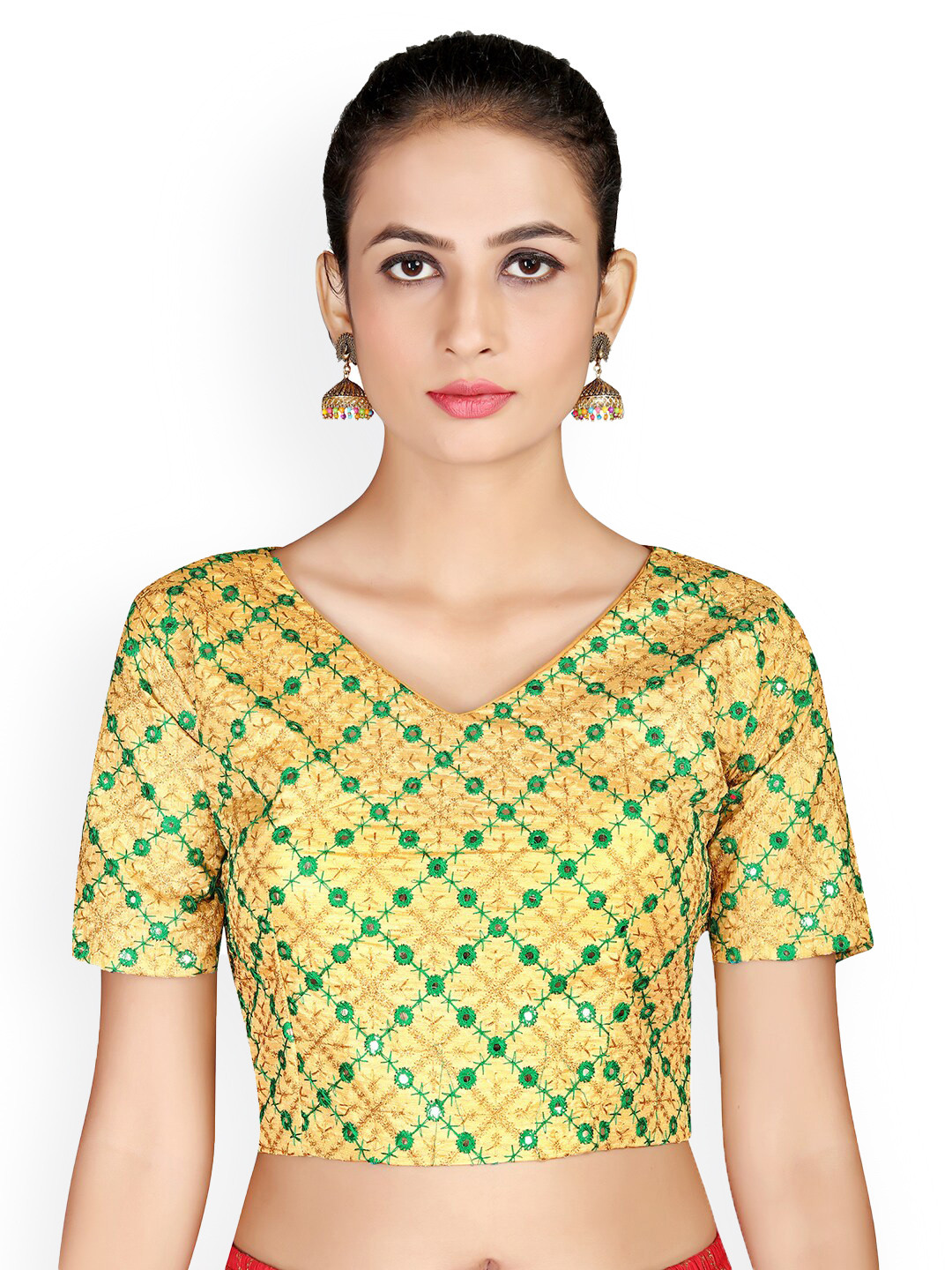 

Shaily Embroidered V-Neck Mirror Work Saree Blouse, Beige