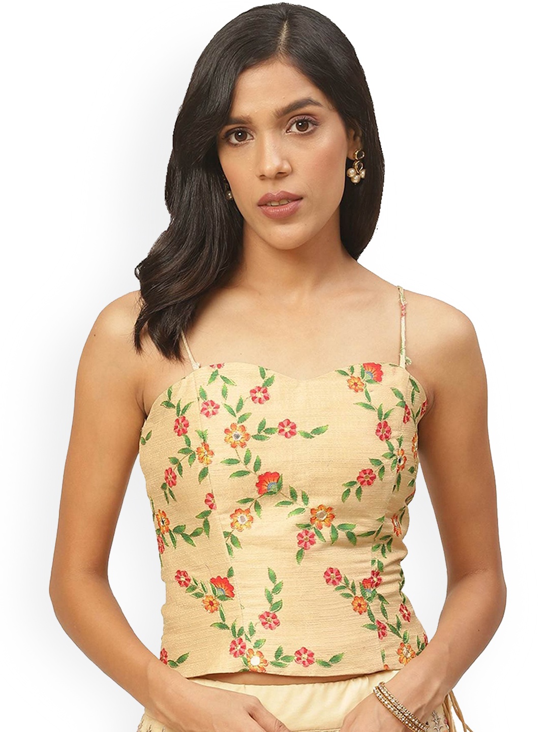 

Shaily Floral Embroidered Shoulder Straps Sleeveless Saree Blouse, Beige