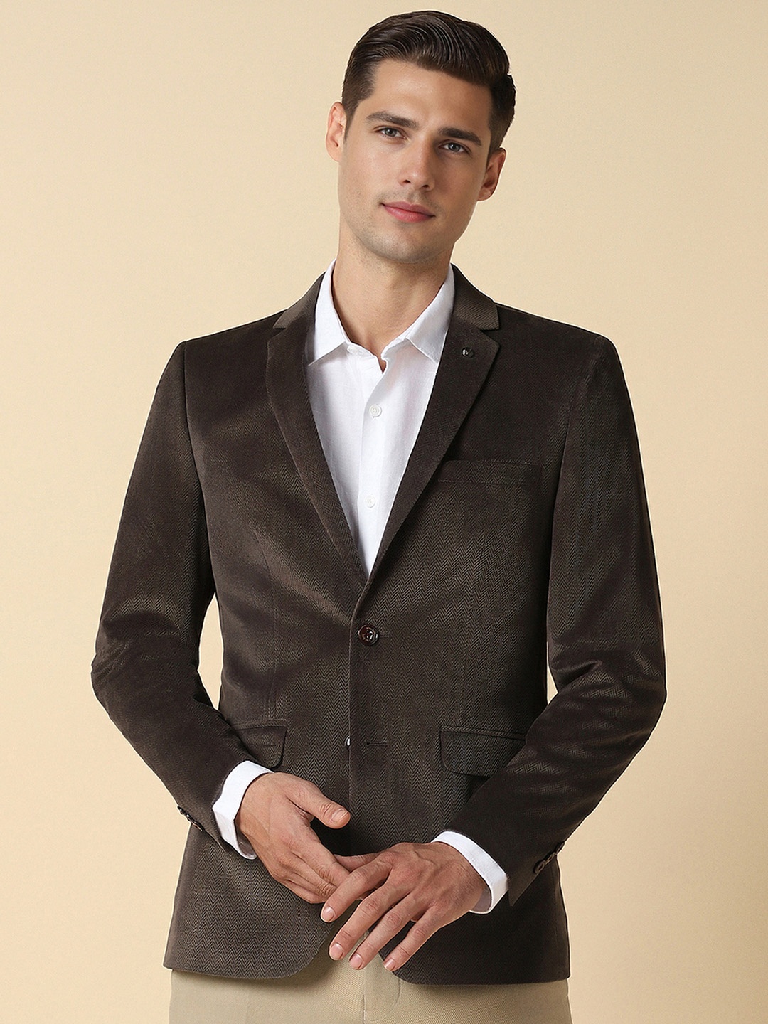 

Allen Solly Ultra Slim Fit Textured Self Design Single Breasted Formal Blazer, Brown