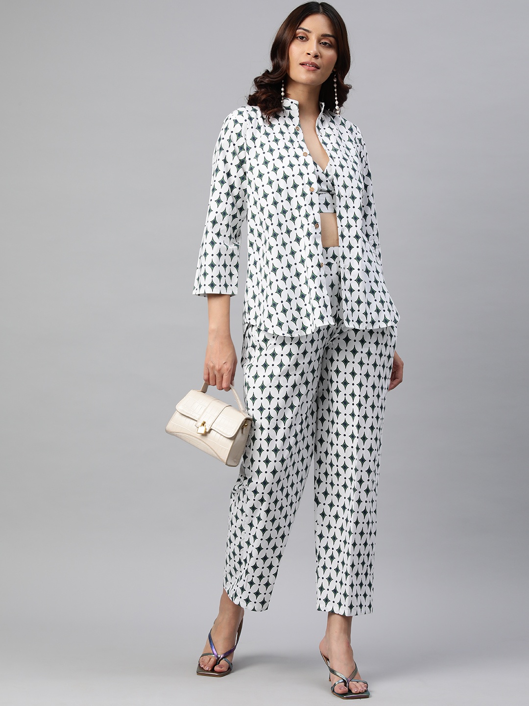 

BUTA BUTI Geometric Printed Pure Cotton Tunic & Top with Trousers, Green