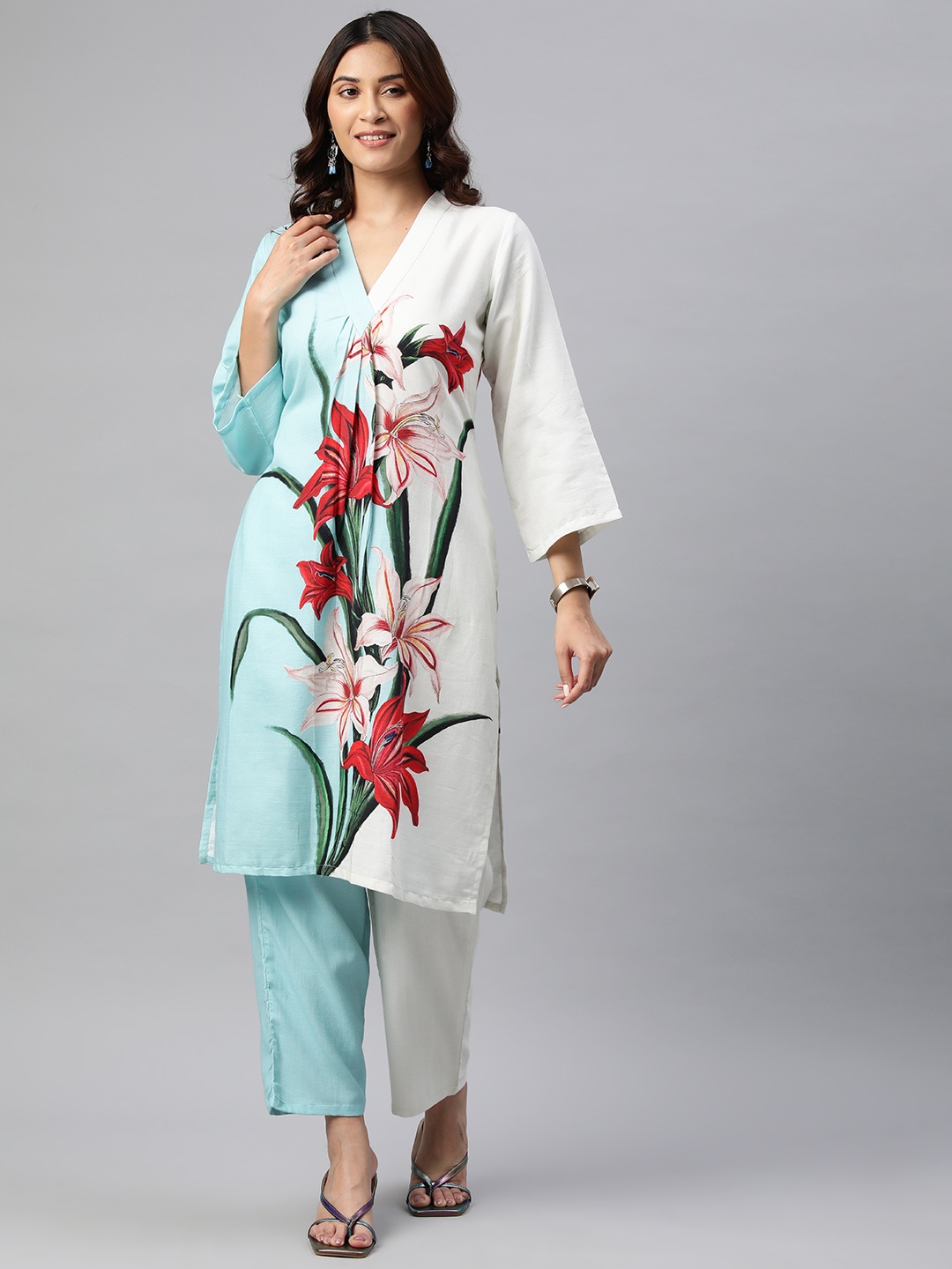 

BUTA BUTI Floral Printed Pure Cotton Straight Kurta with Trousers, Off white