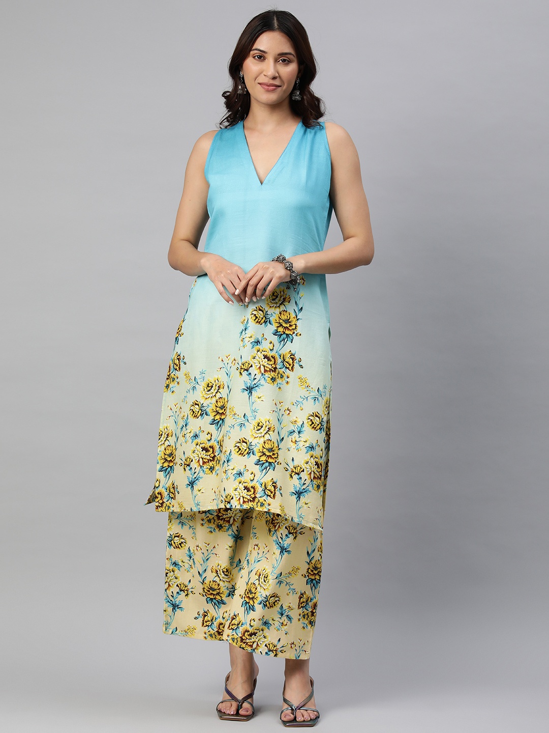 

BUTA BUTI Floral Printed Pure Cotton Kurta with Palazzos, Yellow