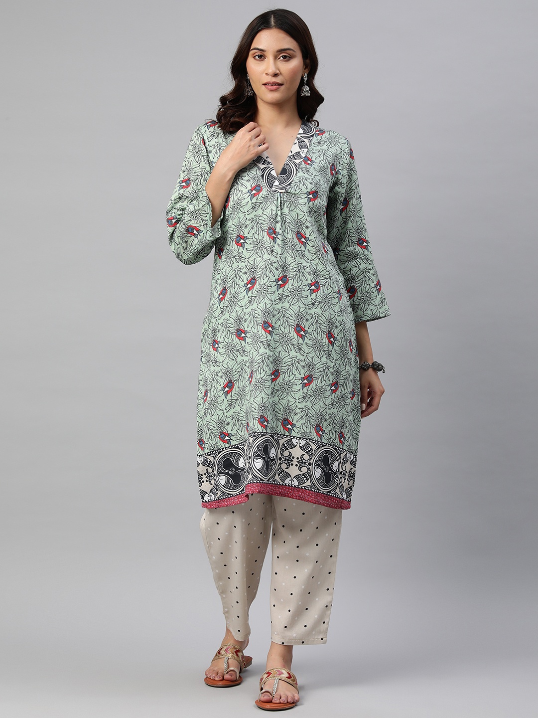 

BUTA BUTI Floral Printed Pure Cotton Kurta with Trousers, Green