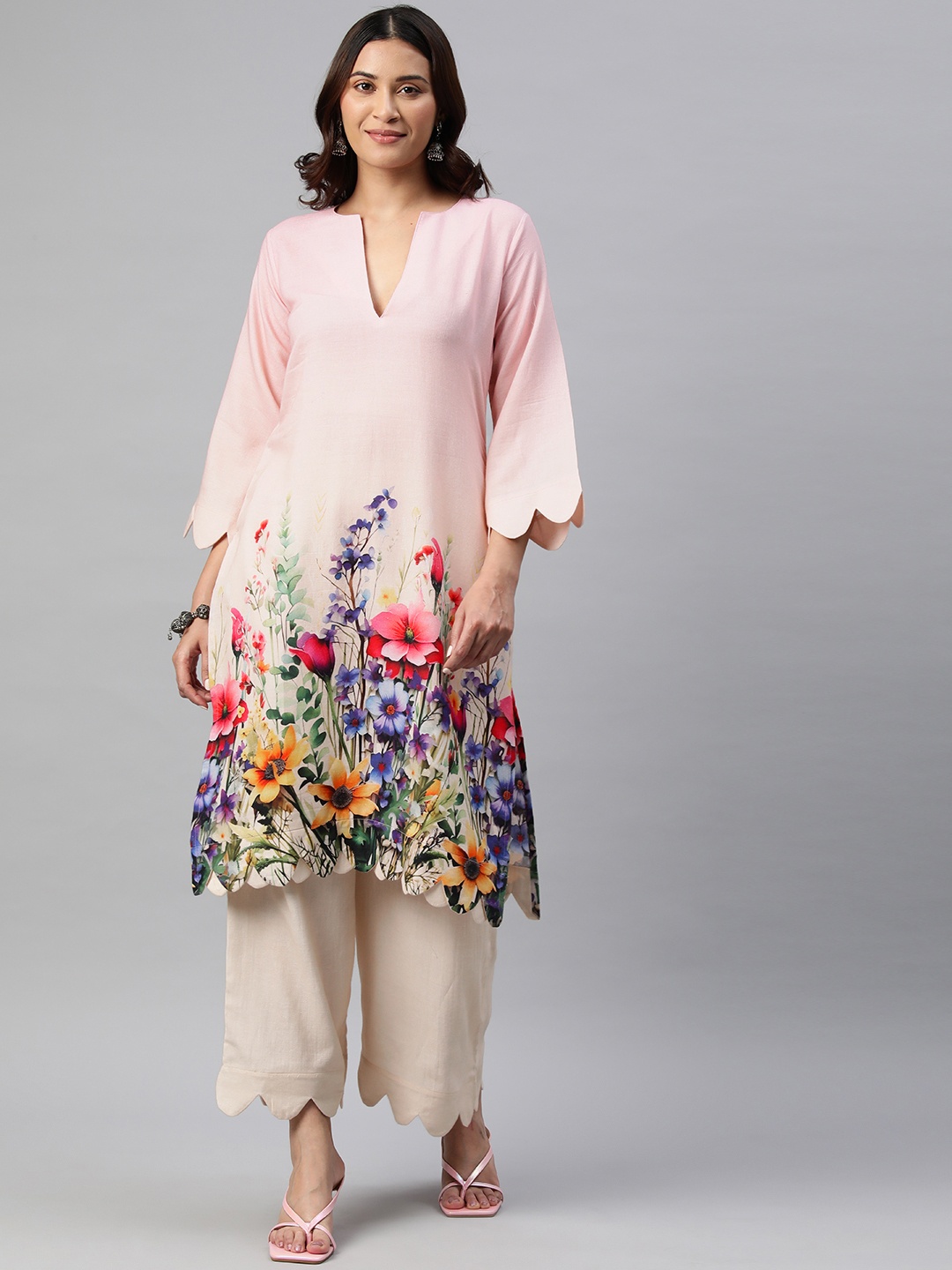 BUTA BUTI Floral Printed Pure Cotton Kurta with Trousers, Beige