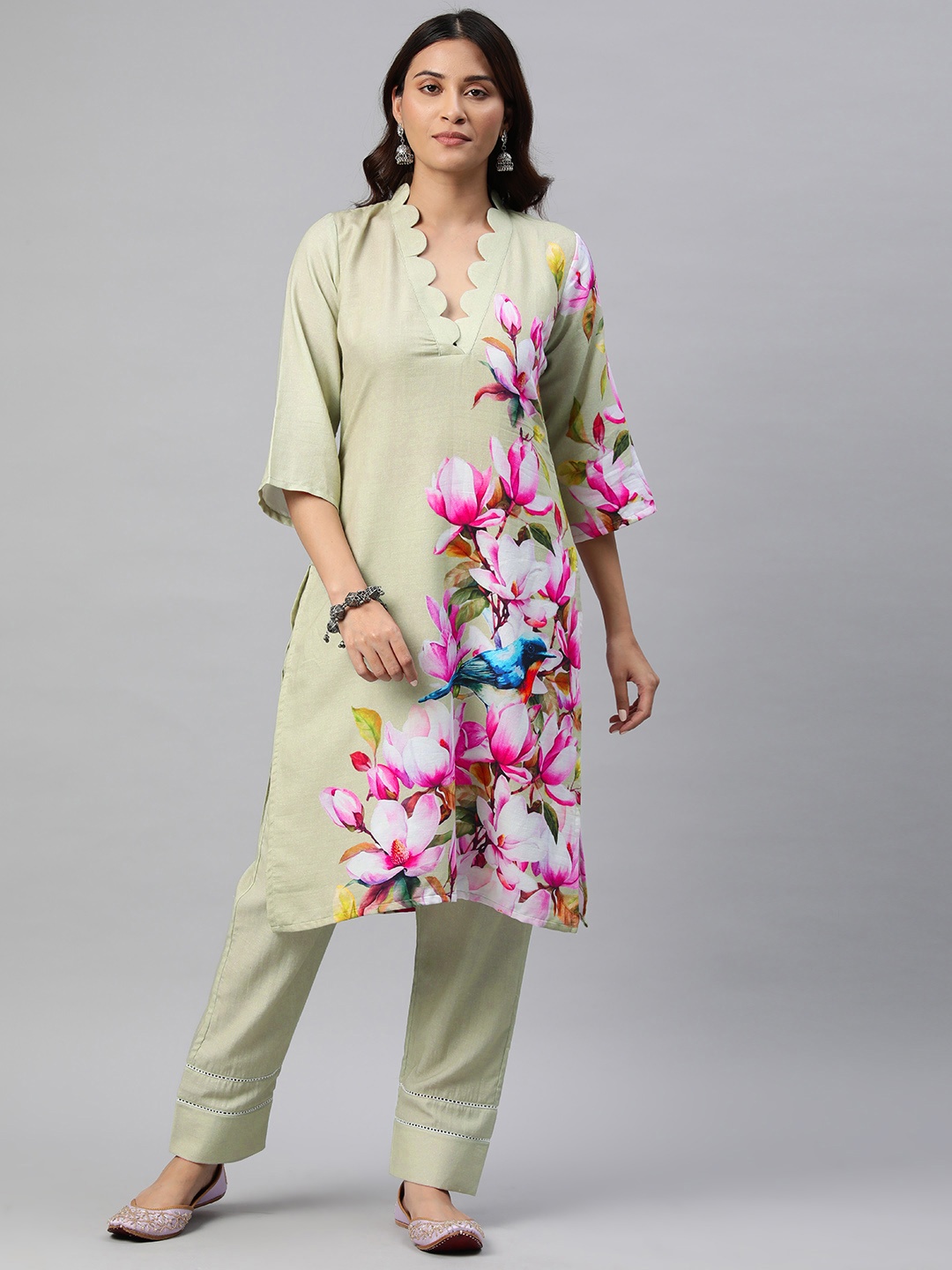

BUTA BUTI Floral Printed Pure Cotton Kurta with Trousers, Olive